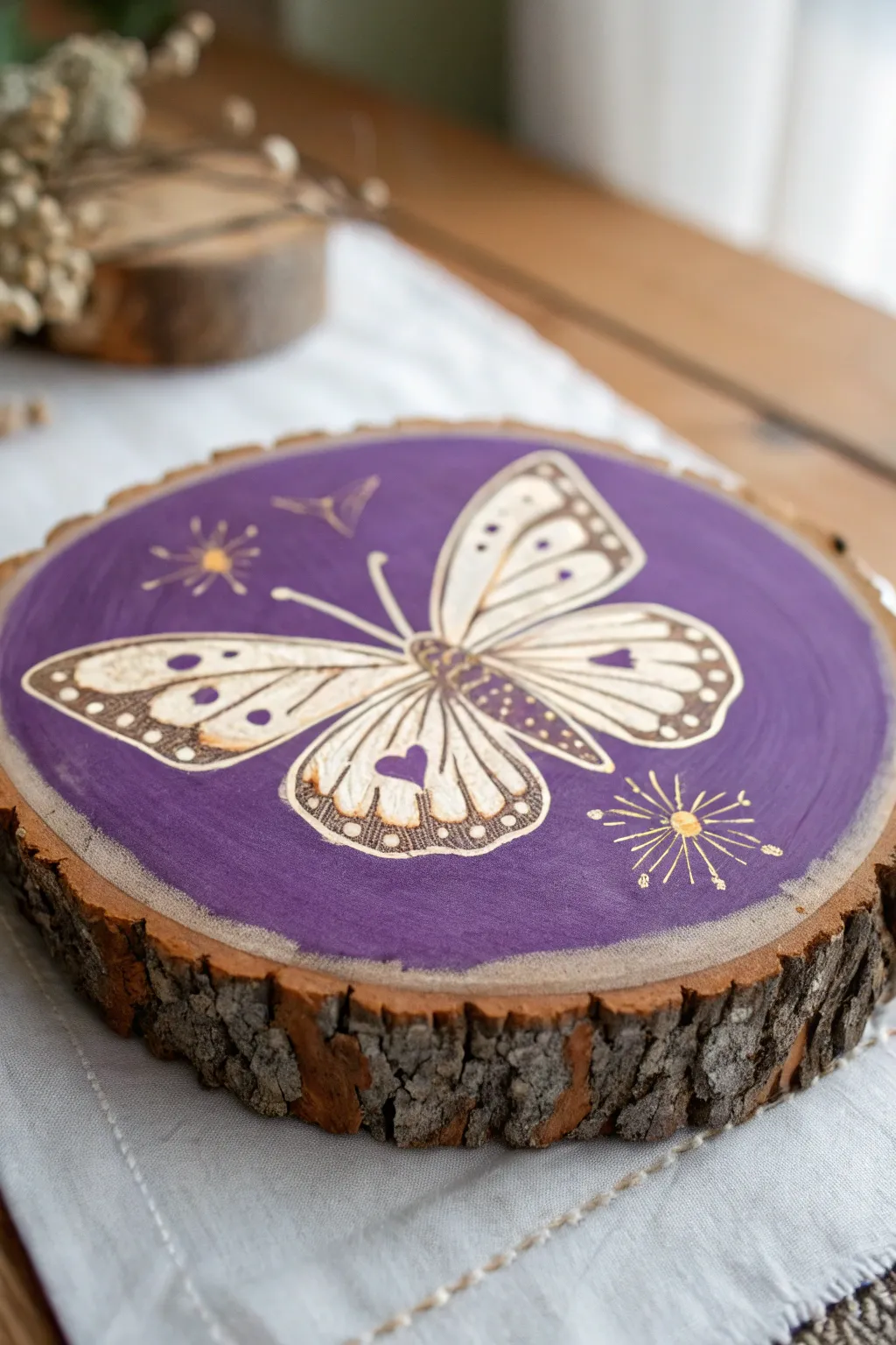 Rustic wood slice art with bold purple backdrop and a delicate butterfly for boho minimal decor