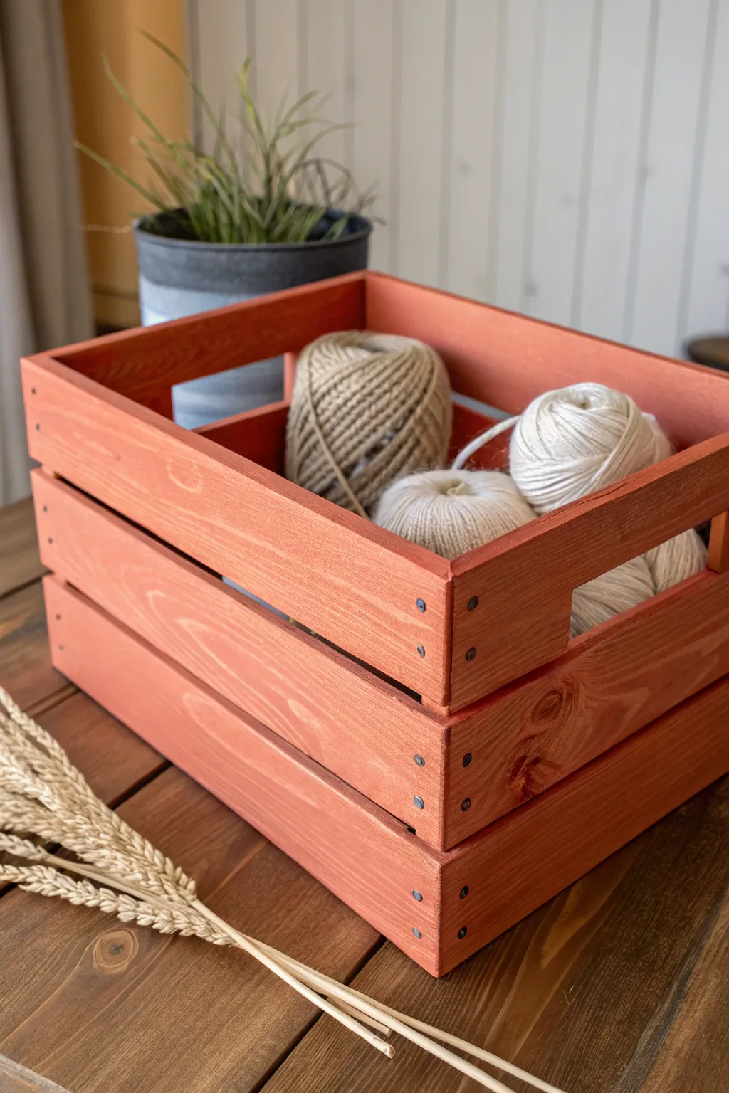 Two-tone painted crate: calm neutral outside with a bold interior pop for instant style.