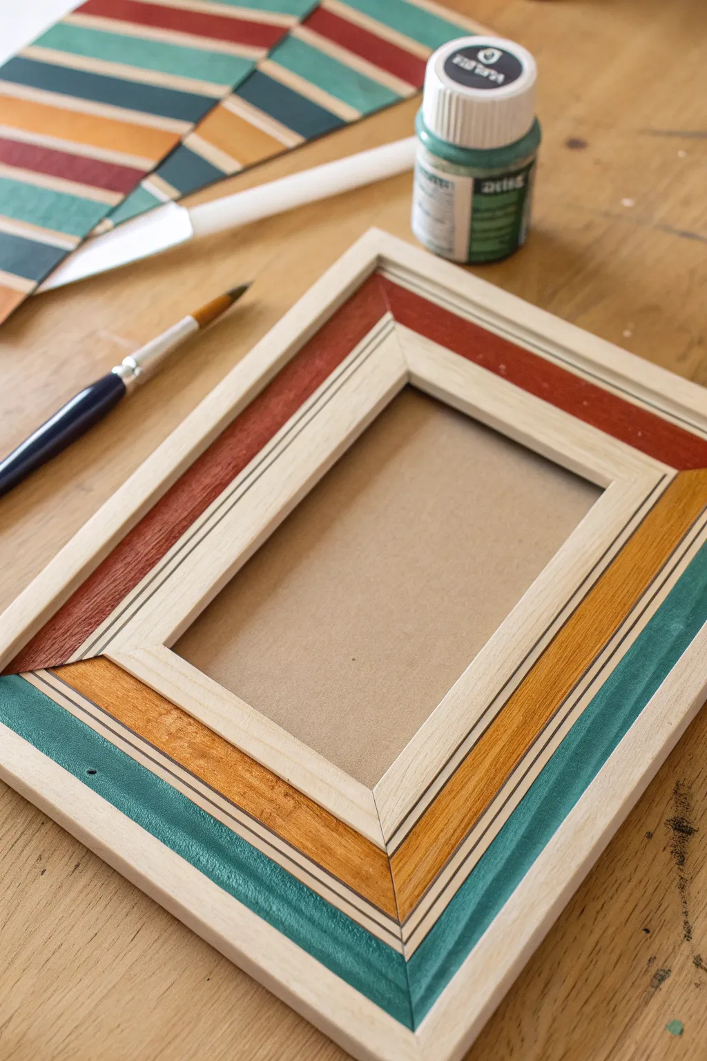 Simple stripe border frame DIY: clean Scandinavian lines with bold boho color pops on natural wood