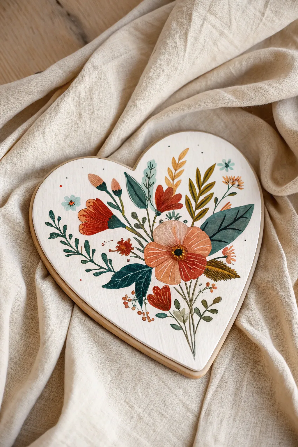 Tiny floral bouquet painted in a wooden heart, clean border and linen backdrop for boho-minimal charm