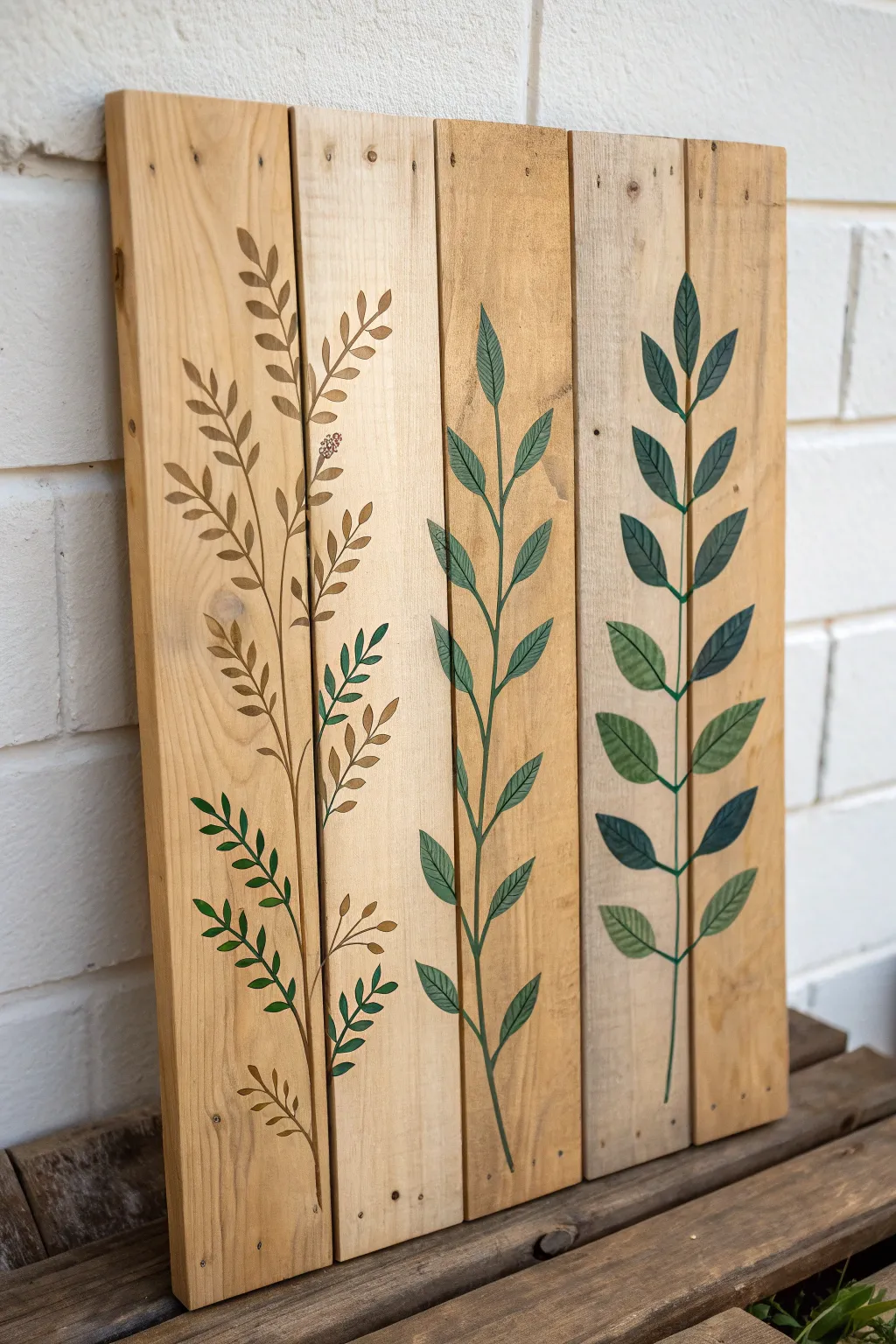 Minimal pallet art with bold botanical stems, sunlit and serene in Scandinavian boho style
