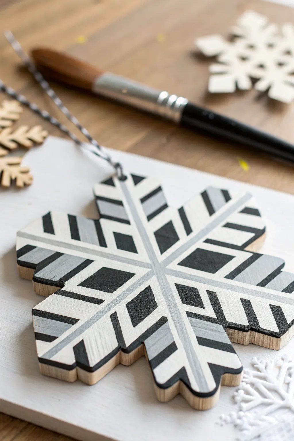 Modern monochrome painted wooden snowflake in crisp black, white, and gray detail