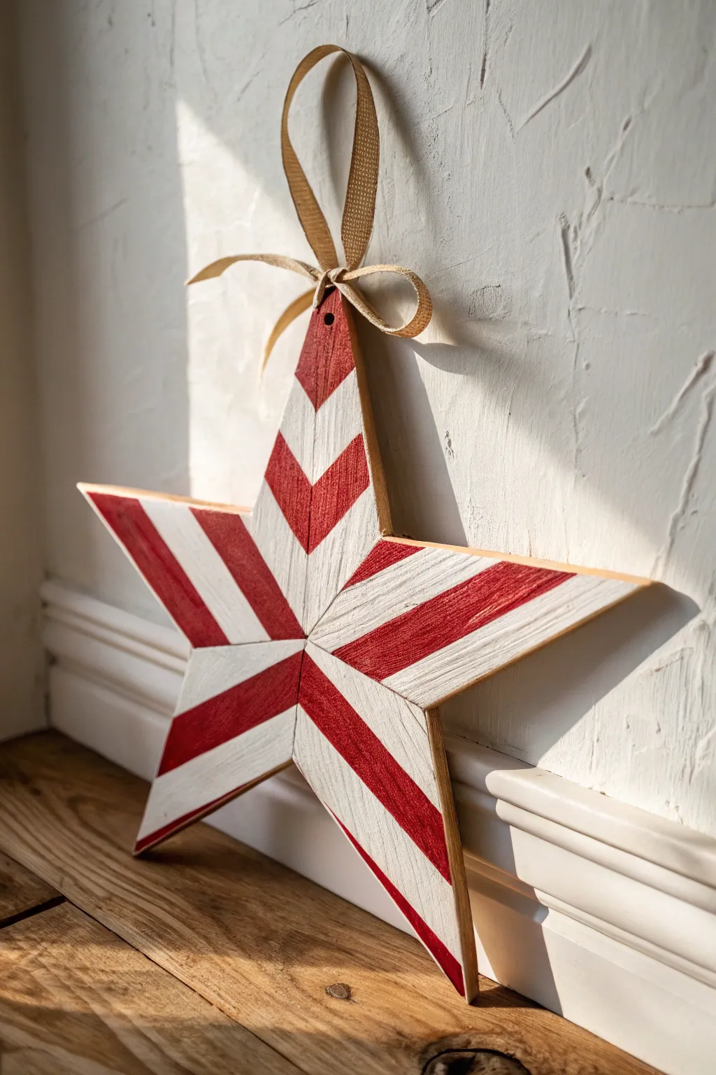 Candy cane striped wooden star door hanger, bold red and white on warm wood with minimalist charm.