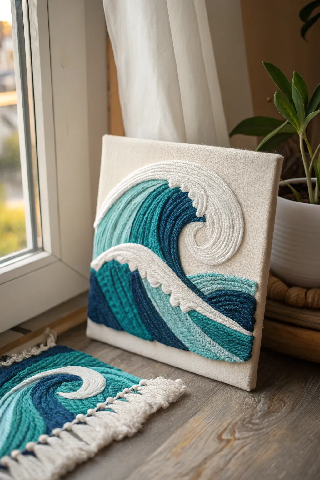 Curved blue yarn waves and white foam details create a textured ocean yarn painting centerpiece.