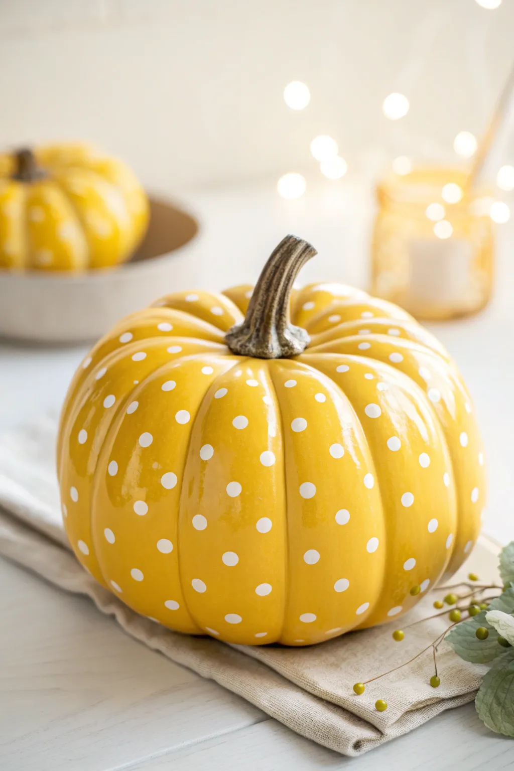 Sunny yellow pumpkin with crisp white polka dots, minimalist styling and bold contrast.