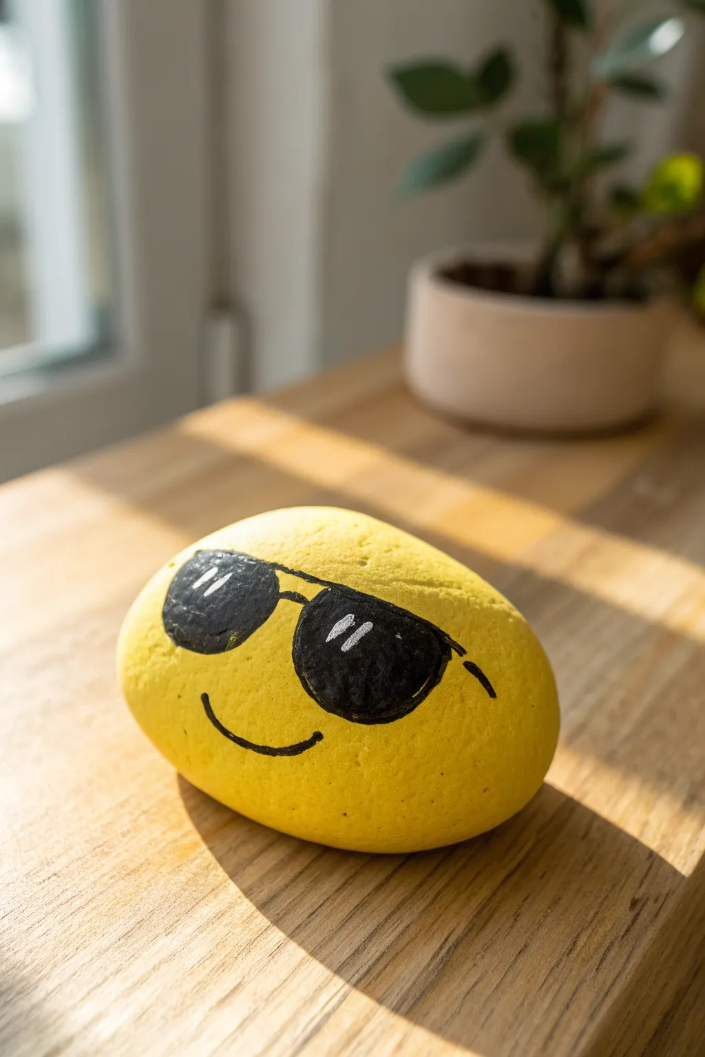 Sunny yellow rock with bold black sunglasses and an easy grin, minimal styling and warm wood tones
