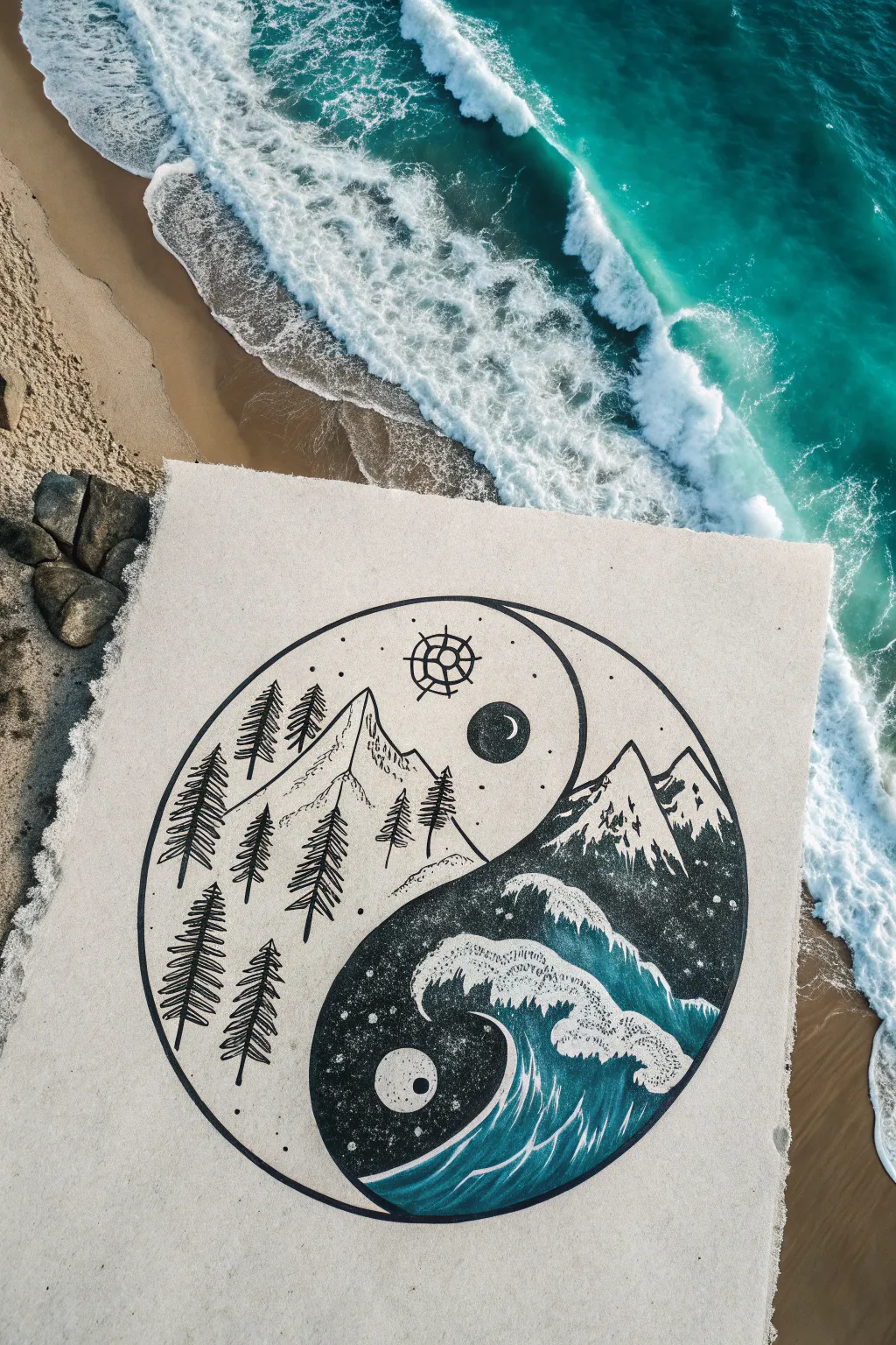 Minimalist yin yang drawing idea: mountains meet ocean in a bold coastline swirl, calm and striking.