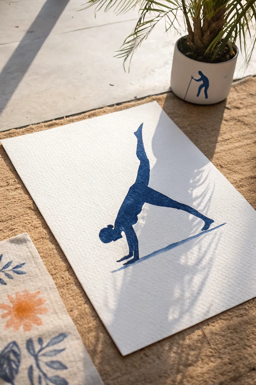 Minimal downward dog silhouette with a long shadow, bold contrast, and calm studio vibes