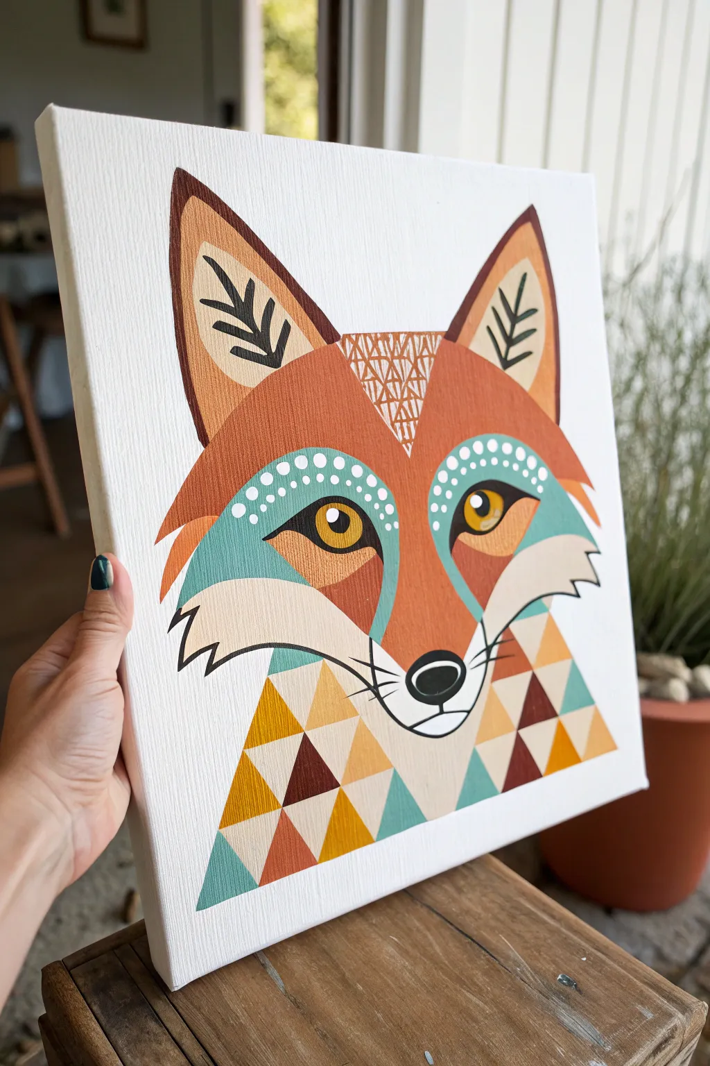 Minimalist acrylic fox portrait with bold eyes and boho accents, perfect for animal painting ideas