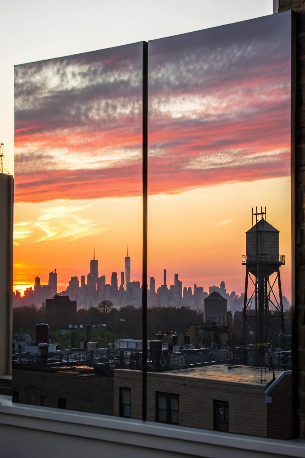 Bold black skyline diptych with a glowing sunset gradient, perfectly aligned across two canvases.