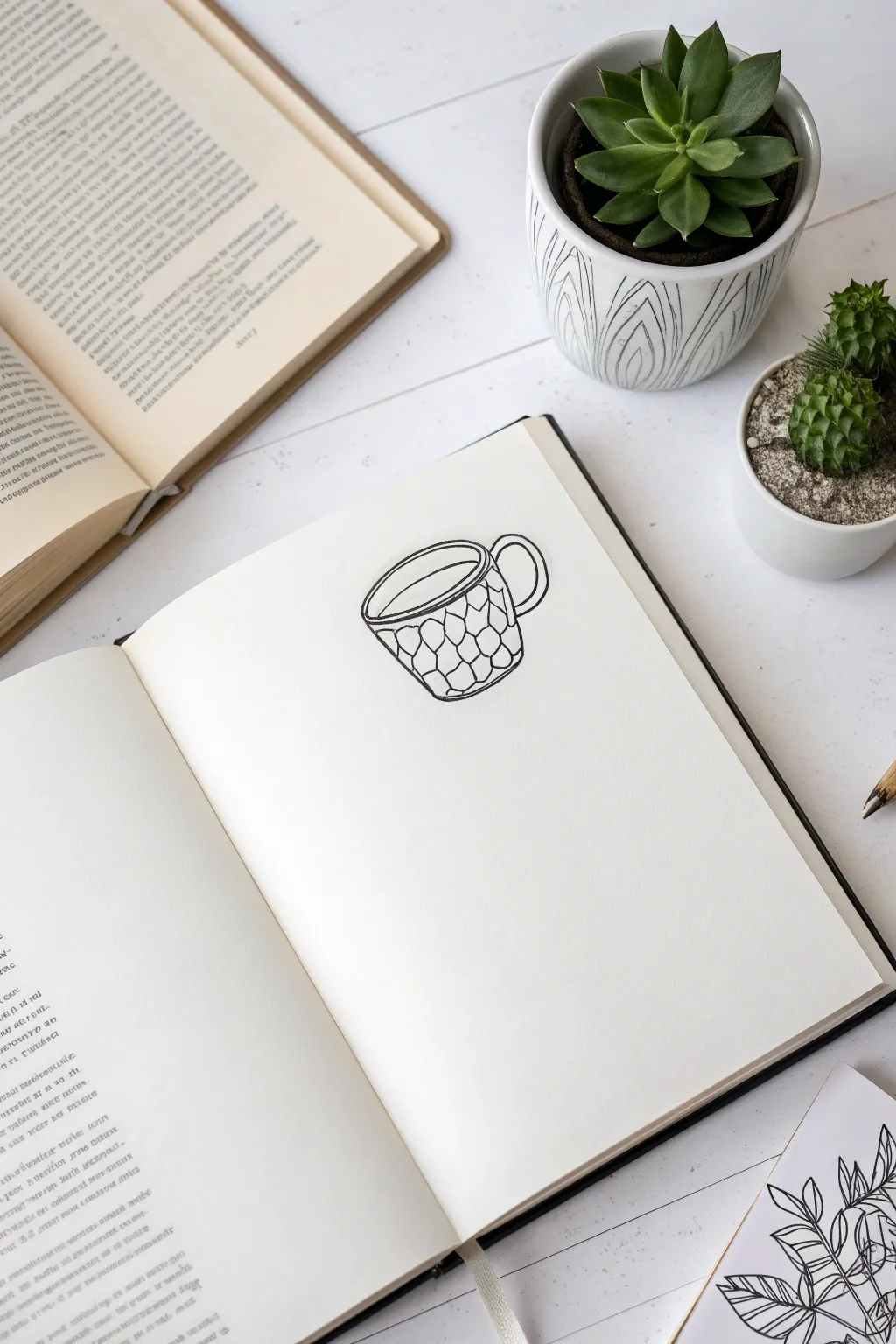 Cozy still life line art ready for a three marker challenge, warm light and clean contrast.