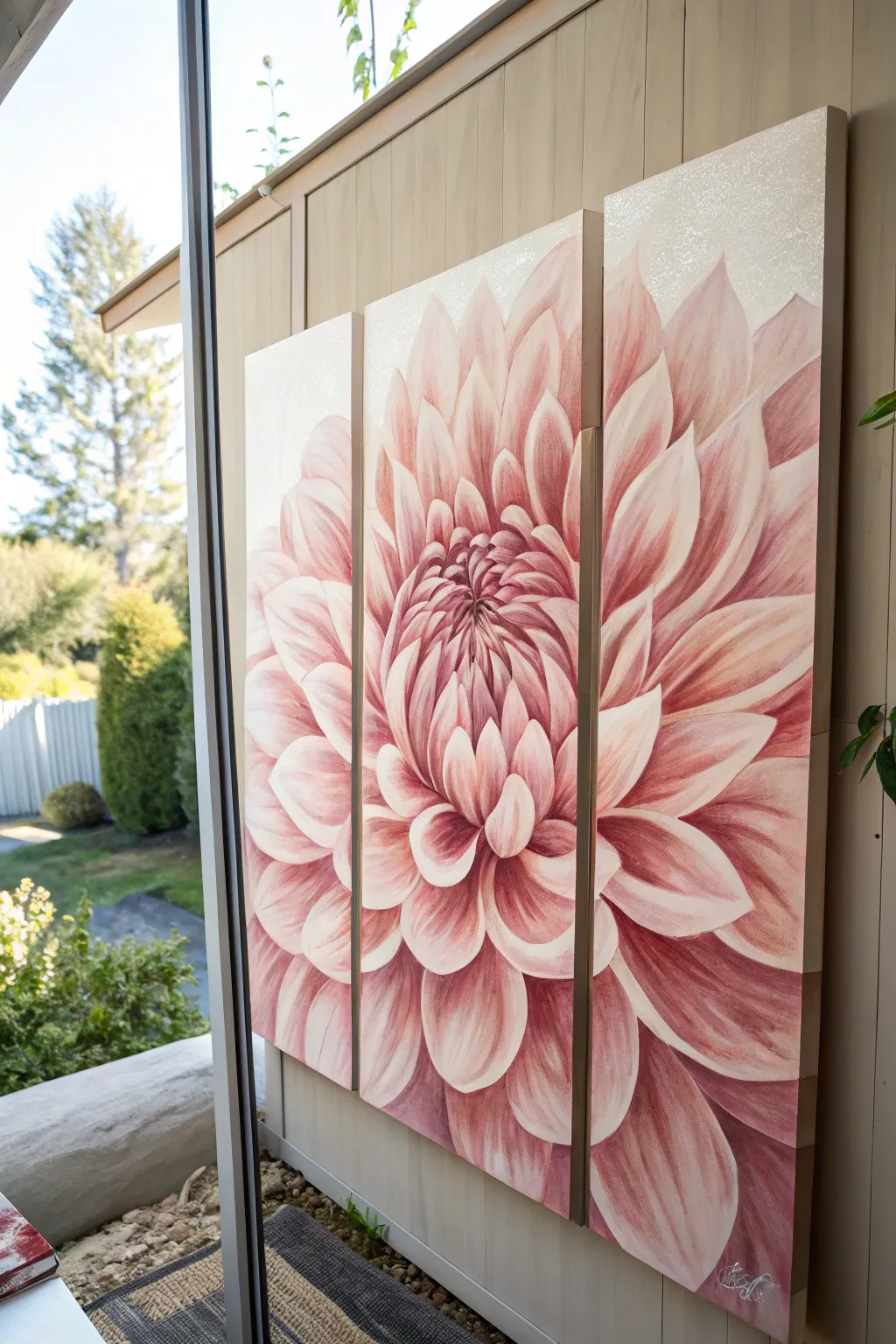 Big bloom triptych idea: one peony split across three canvases with soft wash background