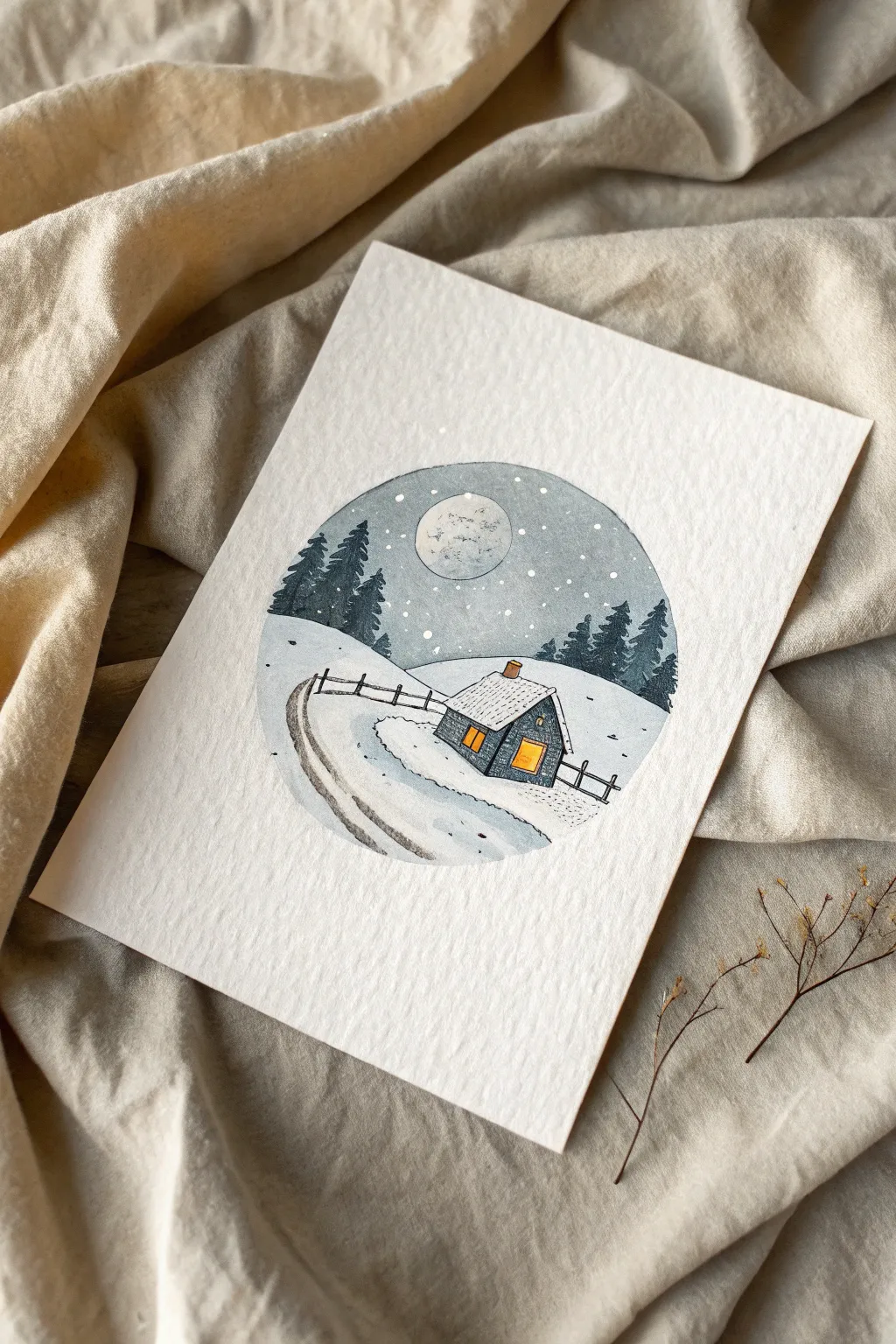 Cozy cabin snow globe circle drawing, simple lines and a warm glowing window on a hill