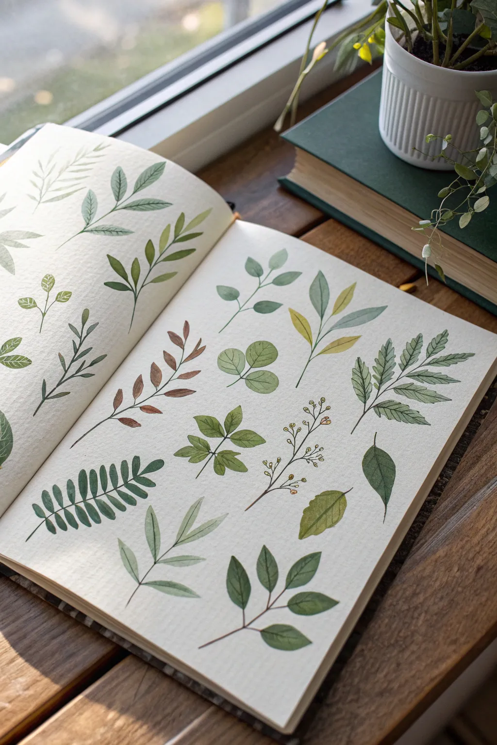 Tiny mixed-green leaf studies on a clean sketchbook page, calm minimalist watercolor practice.