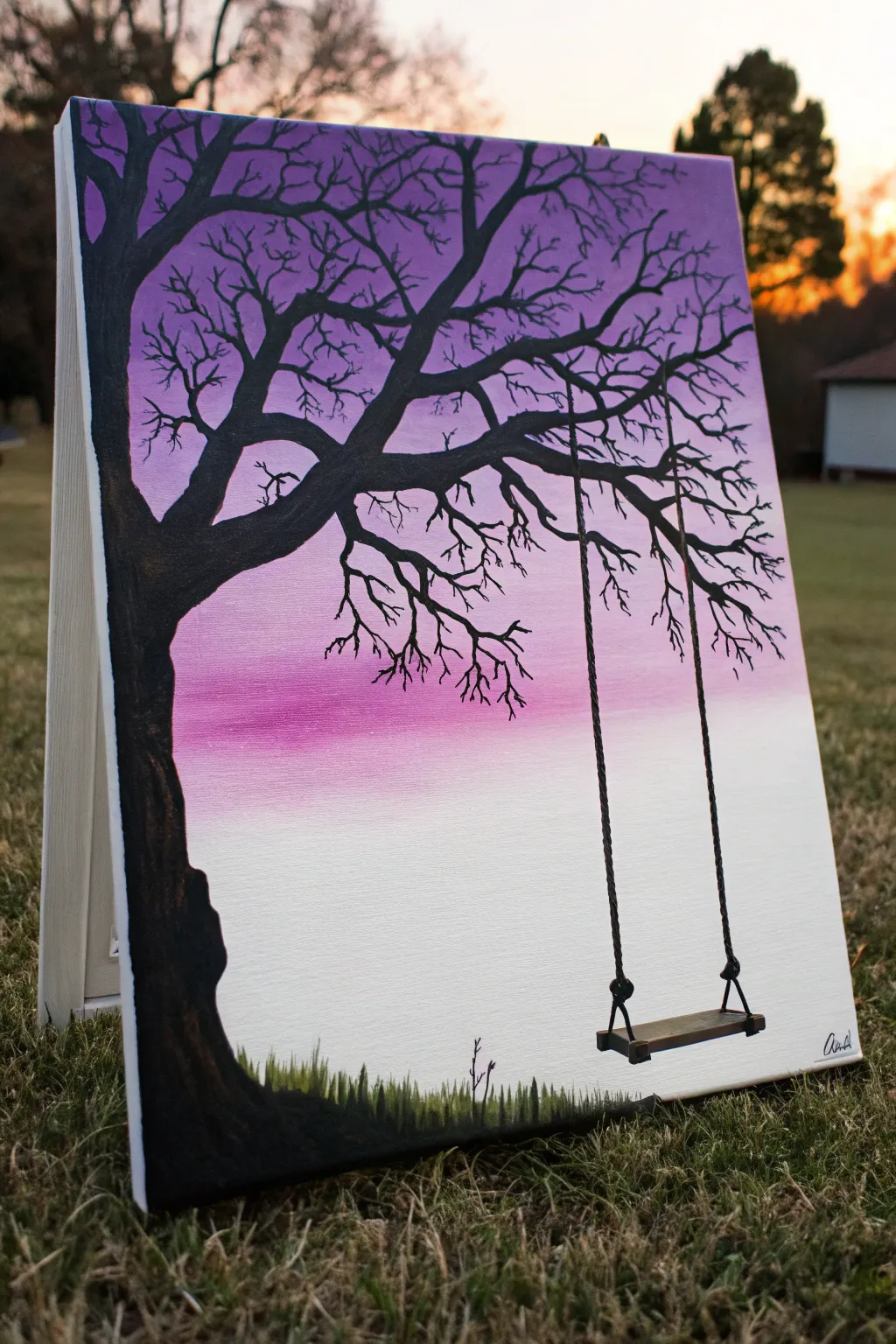 Paint a bold swing silhouette under a branch, floating on a blended dusk sky gradient