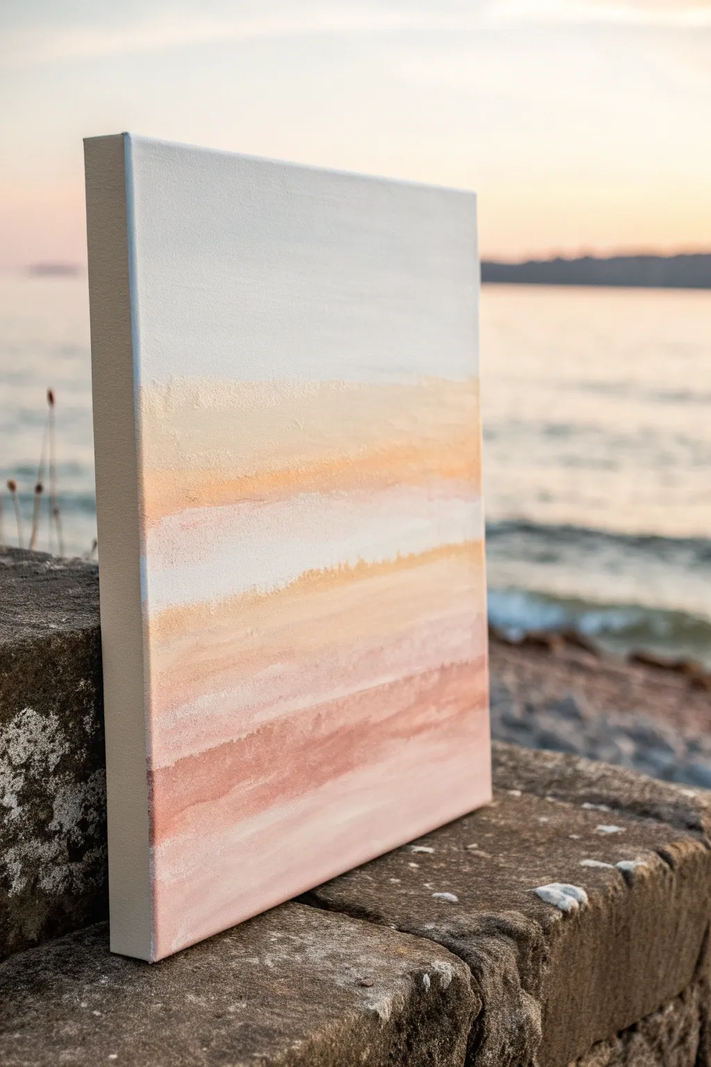 Minimal two-tone horizon acrylic with a soft fade line, warm neutrals, and clean Nordic calm.