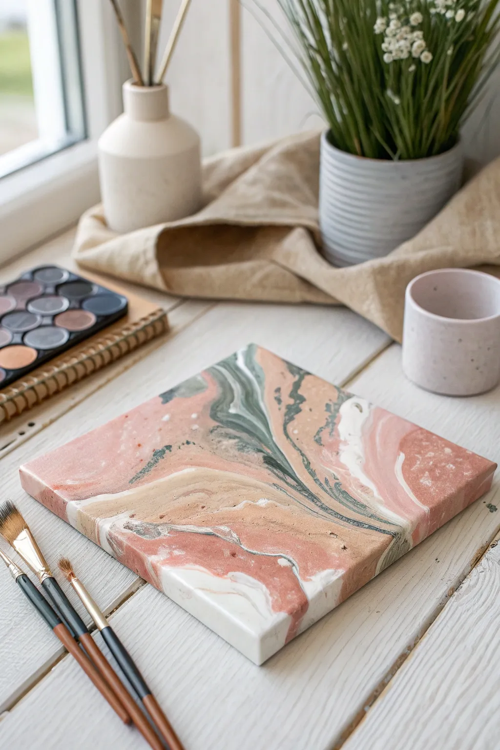 Easy puddle pour patterns: soft boho acrylic cells and rivers on a small flat canvas board