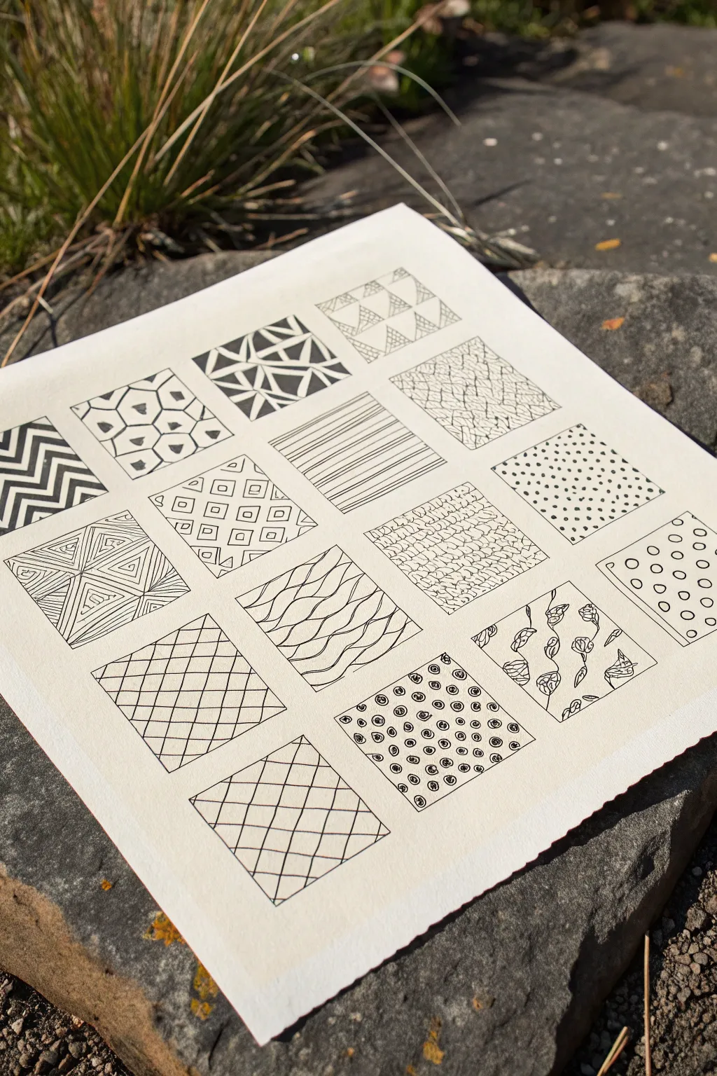 Minimal black-and-white doodle blocks for crisp abstract drawing inspiration and pattern play