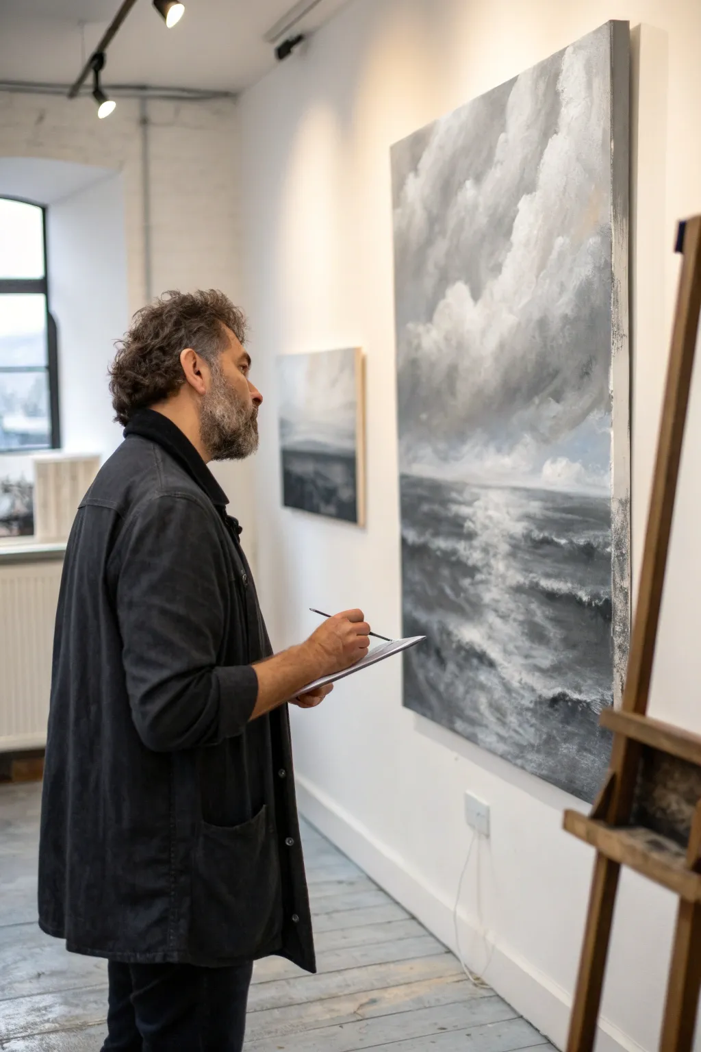 Monochrome value-only abstract in oil, soft shadows and crisp accents with a brush mid-stroke