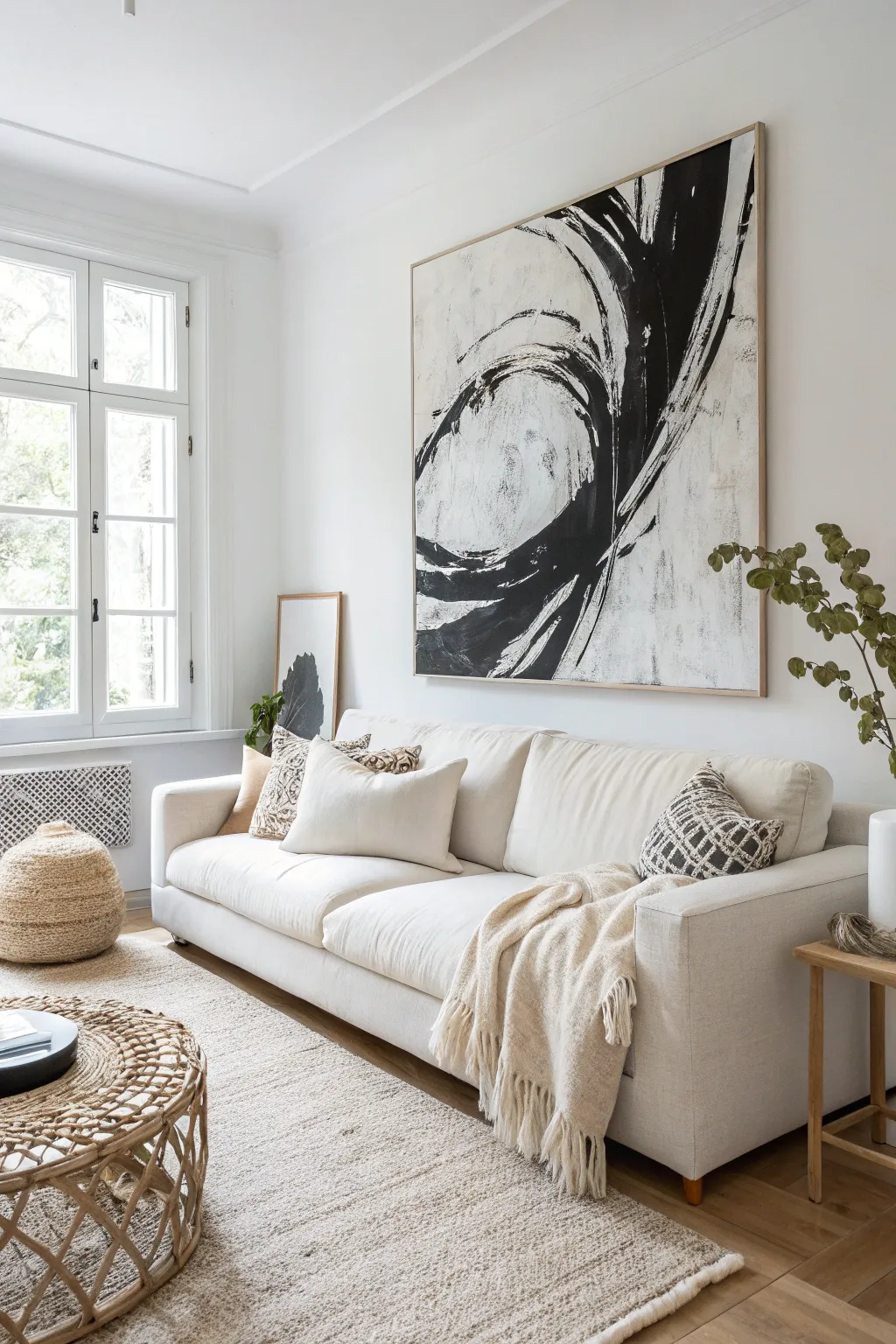 Bold black-and-white gestural canvas that turns a calm minimalist living room into a statement.