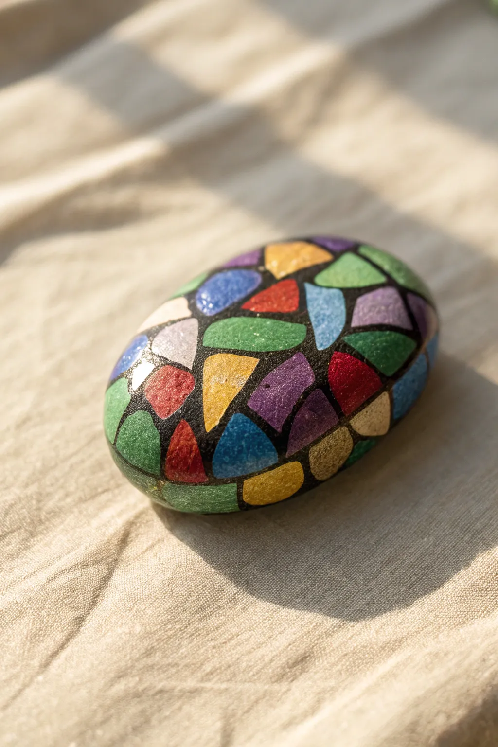 Stained-glass rock painting with bold black outlines and jewel-tone cells for easy inspiration.