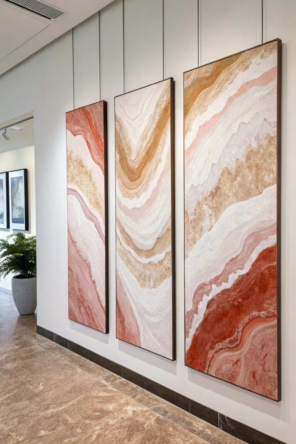 Minimal abstract triptych with flowing earthy tones, perfectly aligned for a calm statement wall