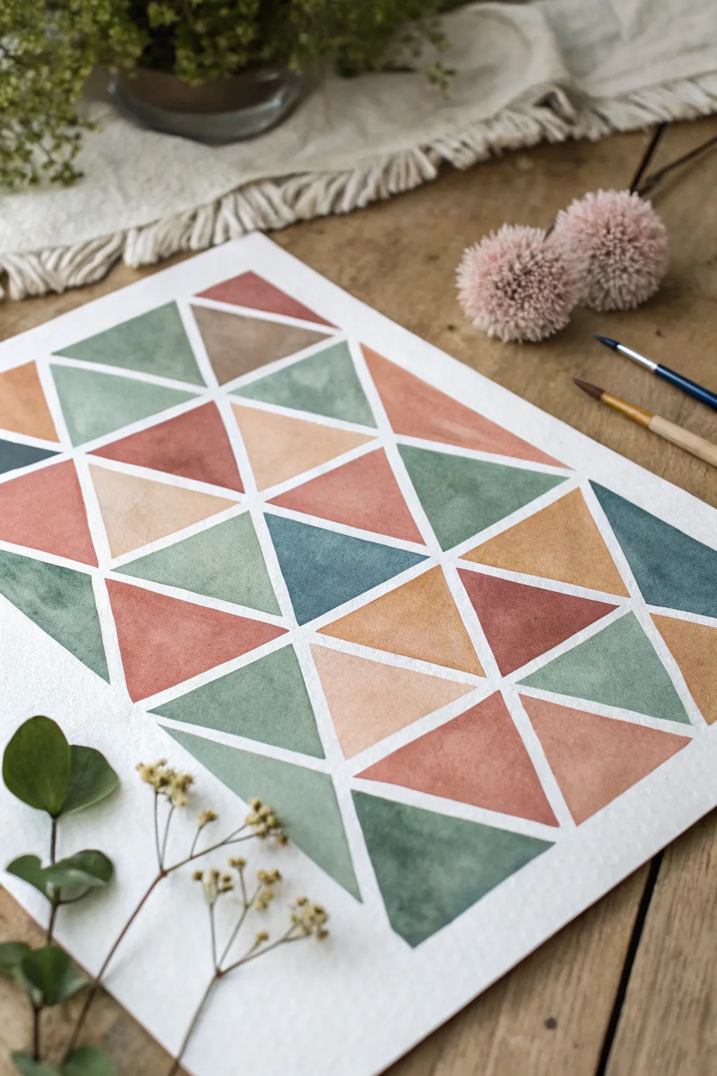 Tape-resist triangle watercolor with crisp white gaps and flowing washes in modern boho minimal style