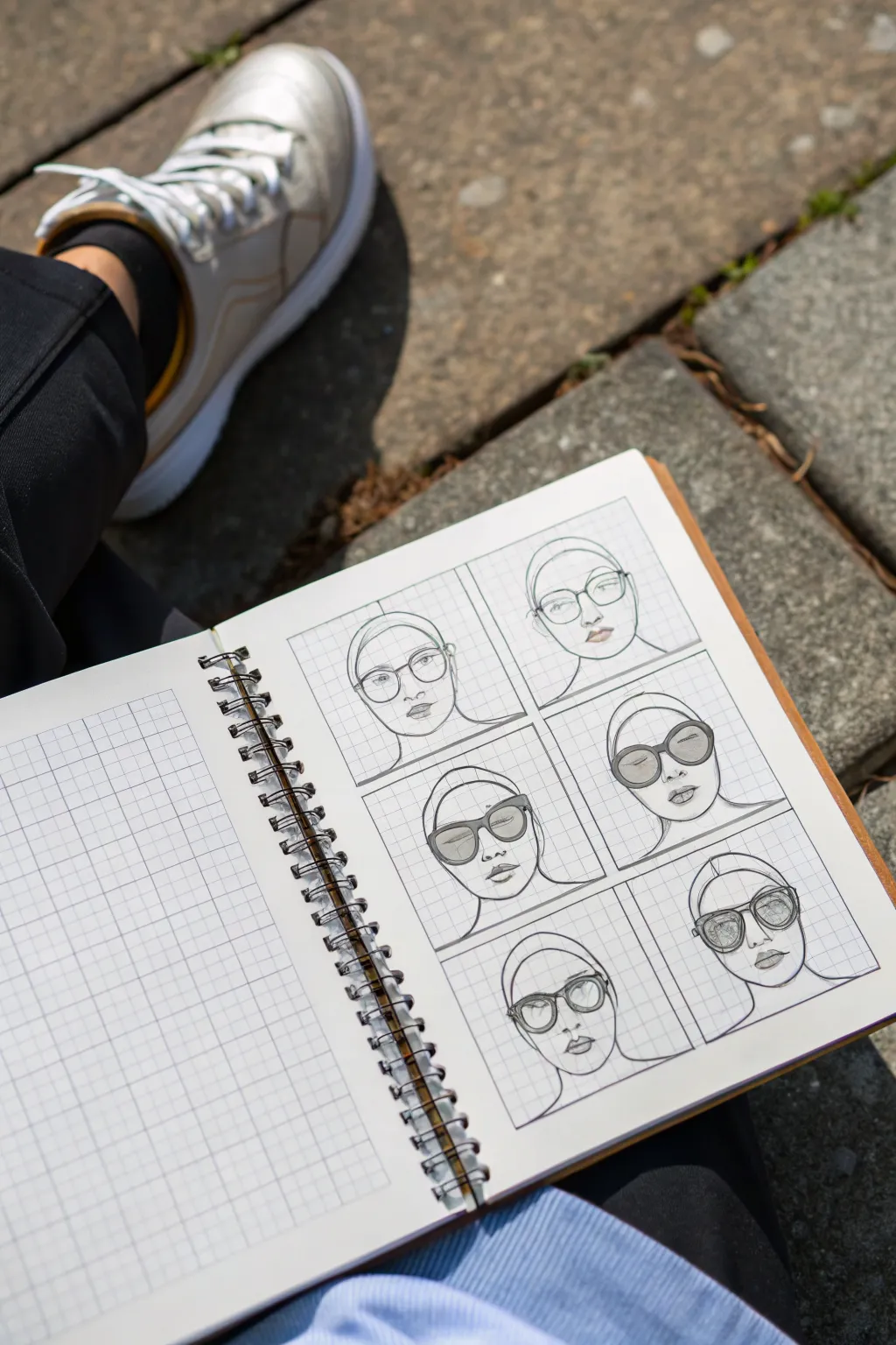 Practice eyewear shapes with a 3x3 face grid and a tiny side-view temple arm sketch