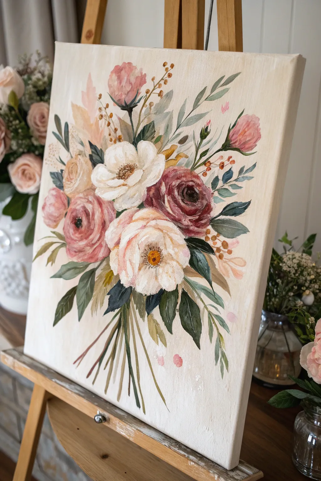 Loose acrylic flower bouquet with dabbed petals on a light canvas for bold contrast