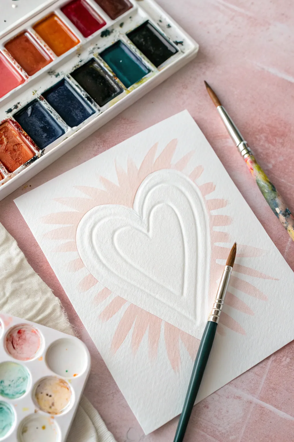 Negative space heart pop: a clean white center with joyful acrylic dabs in modern boho tones.