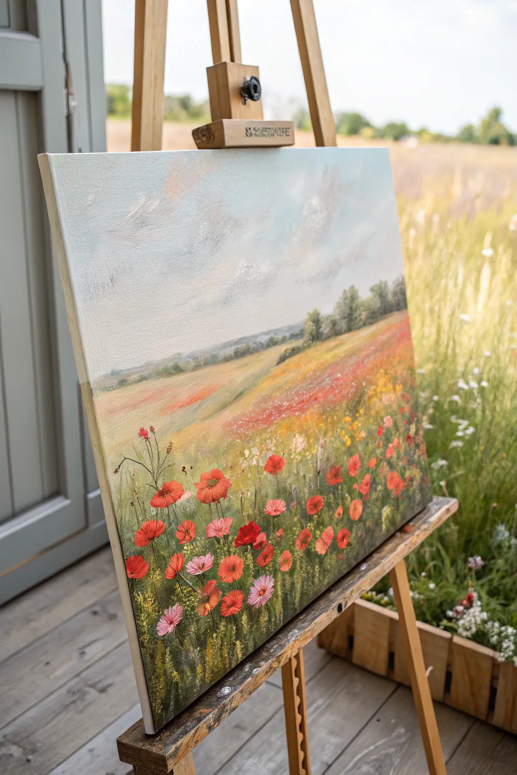 Loose dabbed blooms and a soft treeline make this wildflower meadow acrylic scene glow.