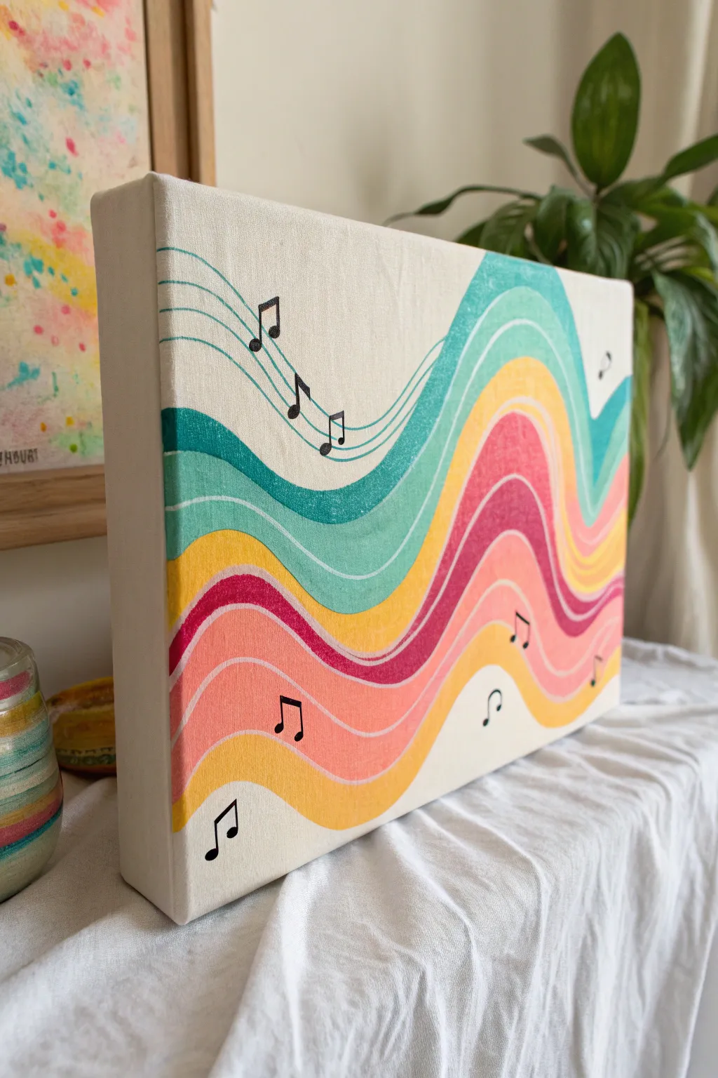 Flowing neon sound waves in acrylic for a minimalist, boho-tinged music painting idea