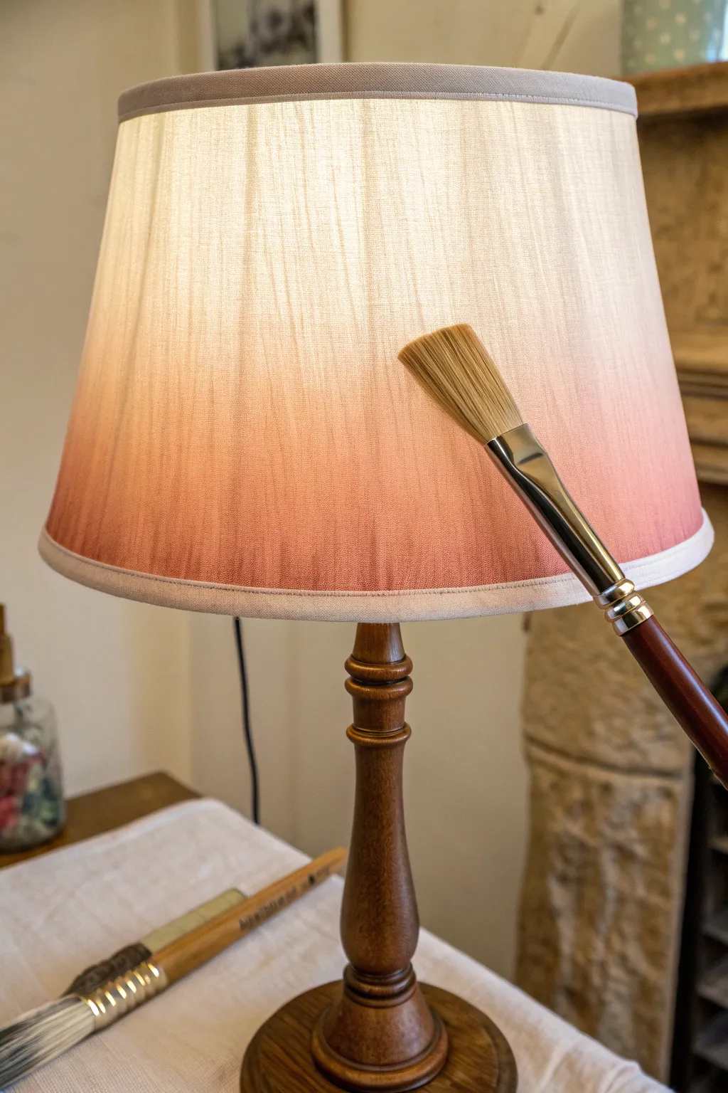 Soft ombre acrylic fade on a glowing fabric lampshade, simple, calming, and beautifully handmade