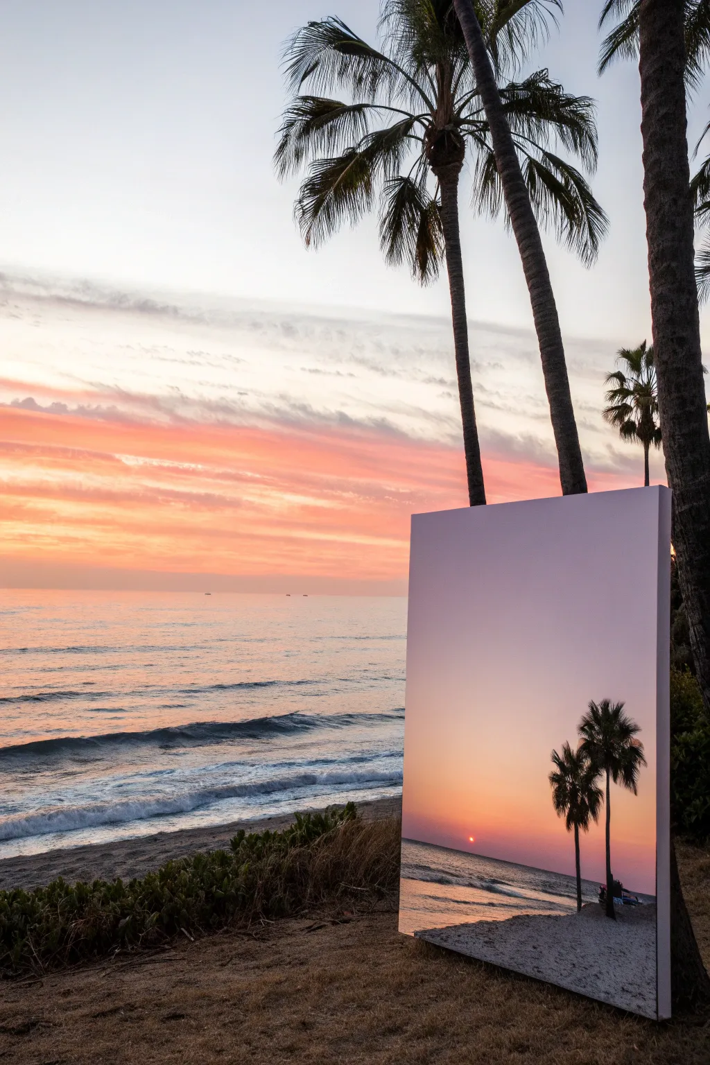 Beach sunset acrylic horizon with palm silhouettes and sparkling water, minimalist and boho calm