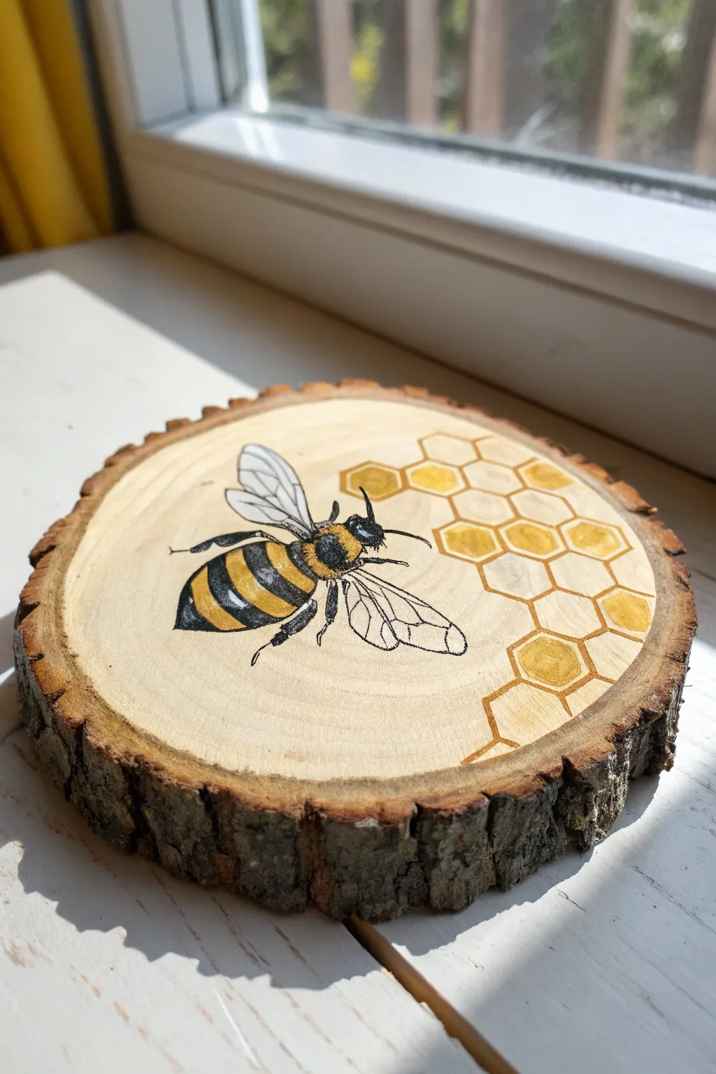 Bright acrylic bee and honeycomb on a wood slice, minimalist spring craft with warm contrast