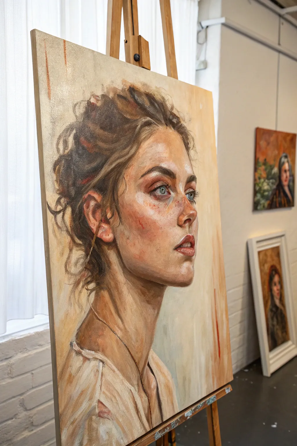 Alla prima acrylic portrait with bold visible strokes, feminine tones, and a clean minimalist backdrop