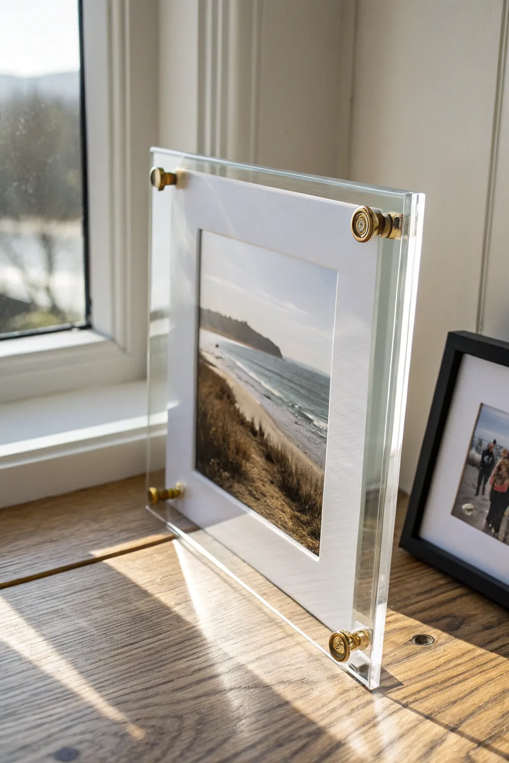 Floating acrylic frame DIY: minimal, modern, and beautifully simple with clear panels and brass standoffs.