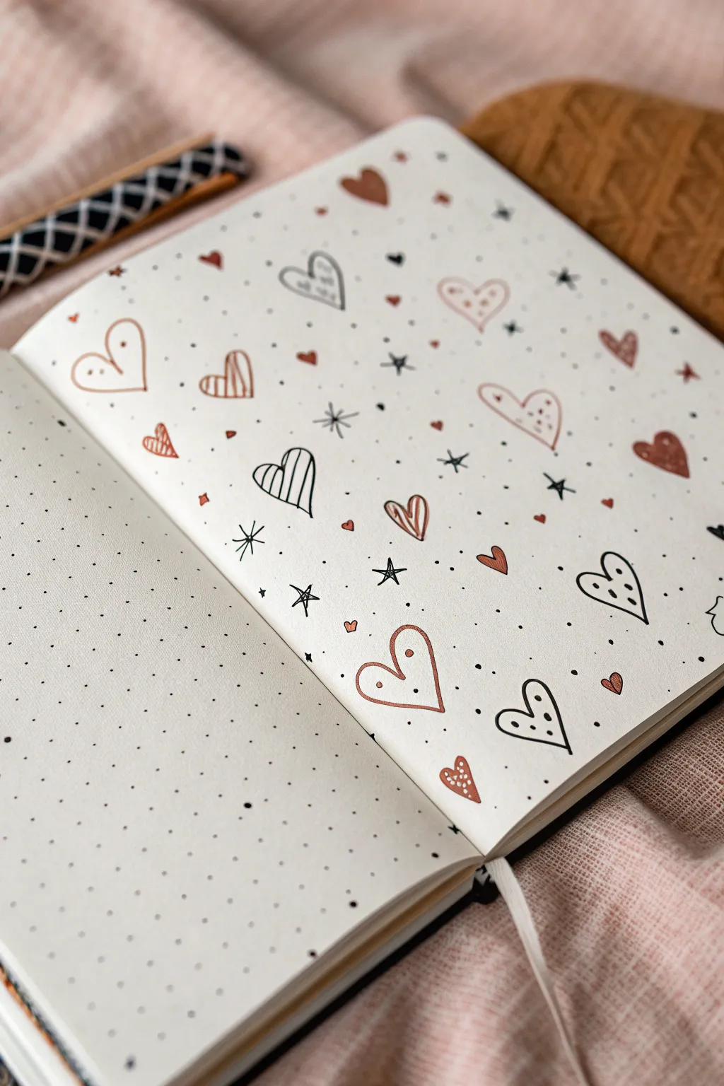 Tiny hearts and sparkles fill a clean sketchbook page, tied together with a soft blush accent.