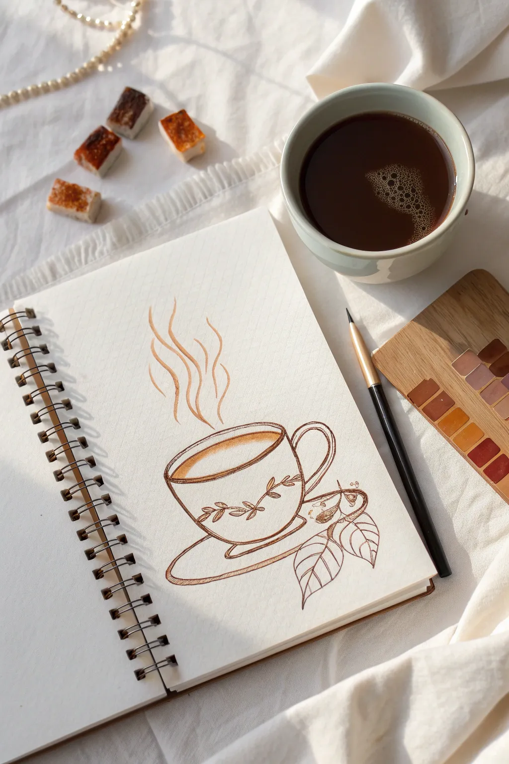 Cozy mug ink sketch with cinnamon and caramel shadows, warm palette swatch, minimalist calm