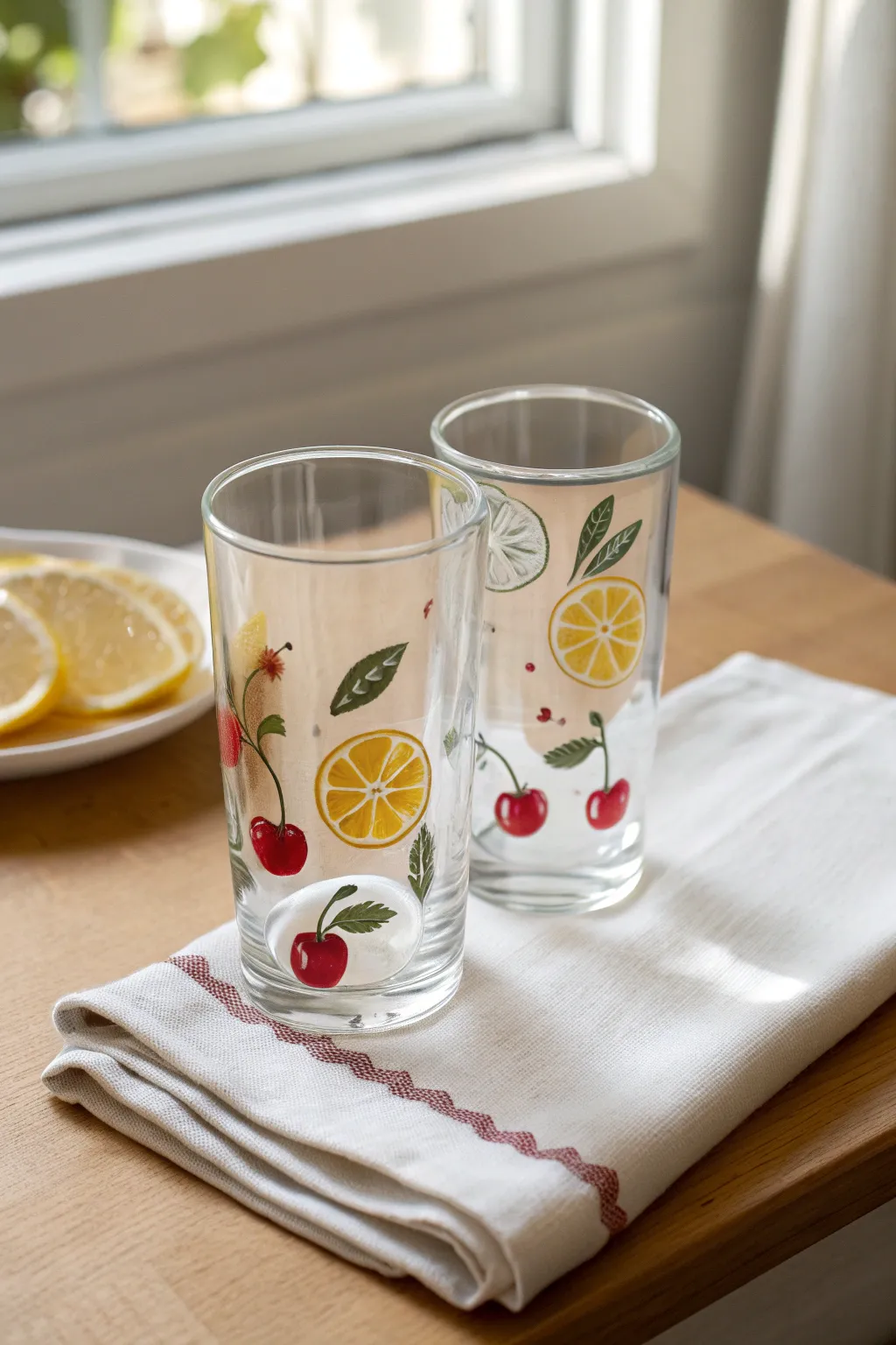 Fruit-painted drinking glasses on a white towel, minimalist Scandinavian-boho DIY for summer.