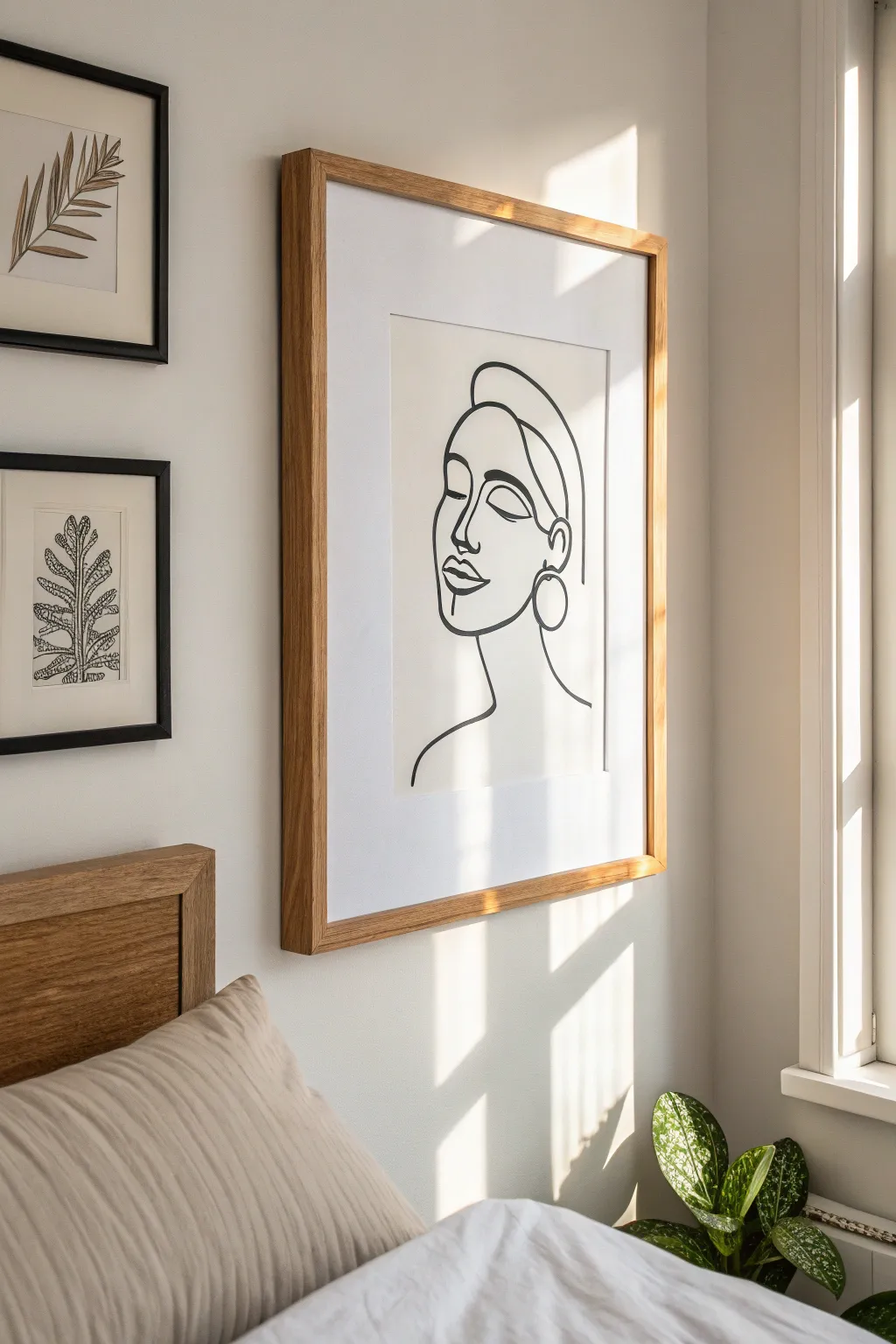 Minimal one-line face portrait in an oak frame for calm Scandinavian-boho bedroom decor