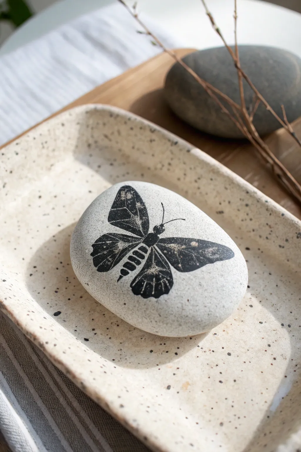 Minimal butterfly silhouette on a smooth pebble, styled on a stone tray in soft Nordic light.