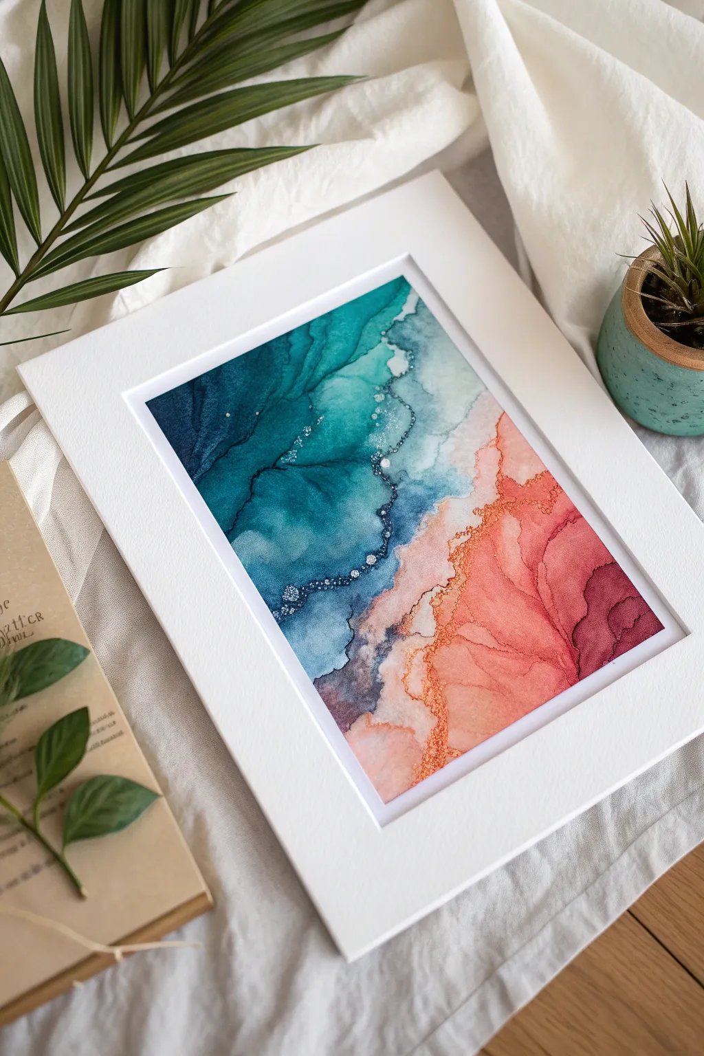Color-blocked alcohol ink with crisp edges and intentional white space for a modern minimalist look