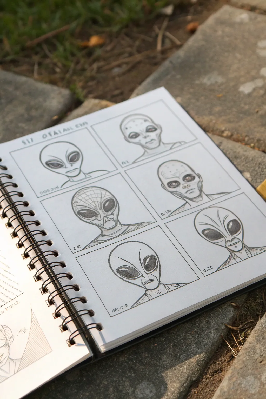 Alien expression sheet in minimalist sketch style, 8 faces with mandibles, sacs, and shifting lids