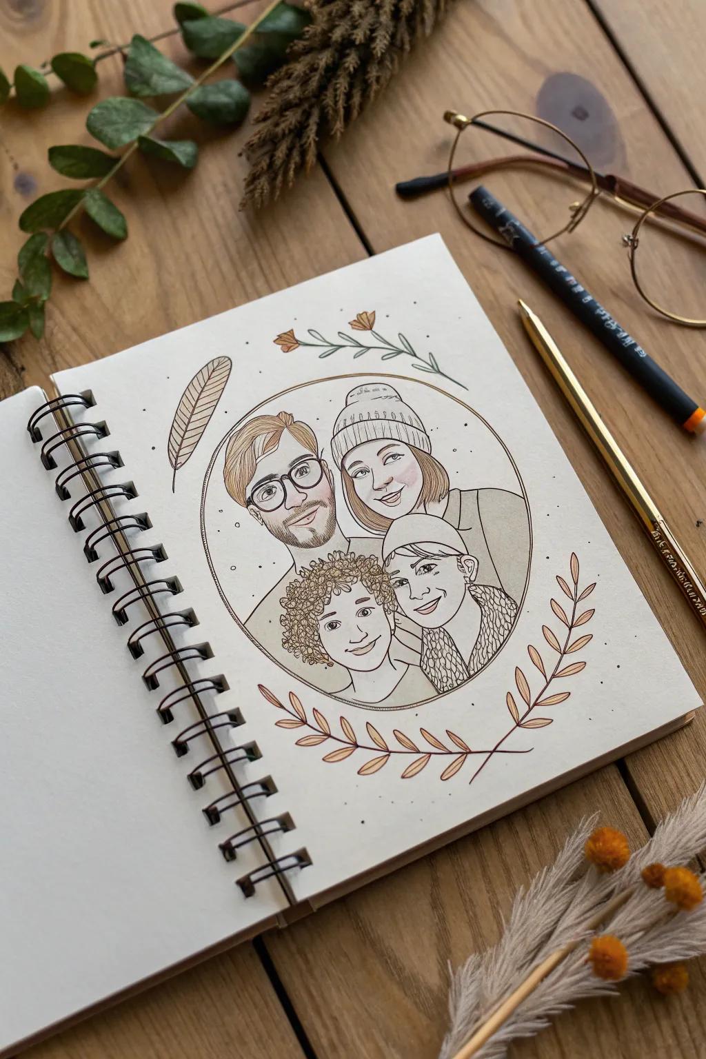 Simple-shape family portrait sketch: minimalist lines, cozy details, easy to recreate.