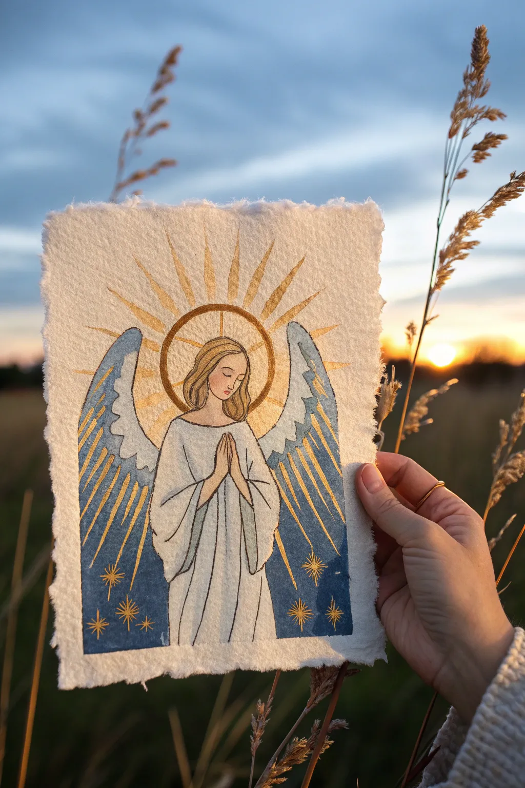 Golden halo rings bloom behind a minimalist angel, glowing warmly against a dusk sky