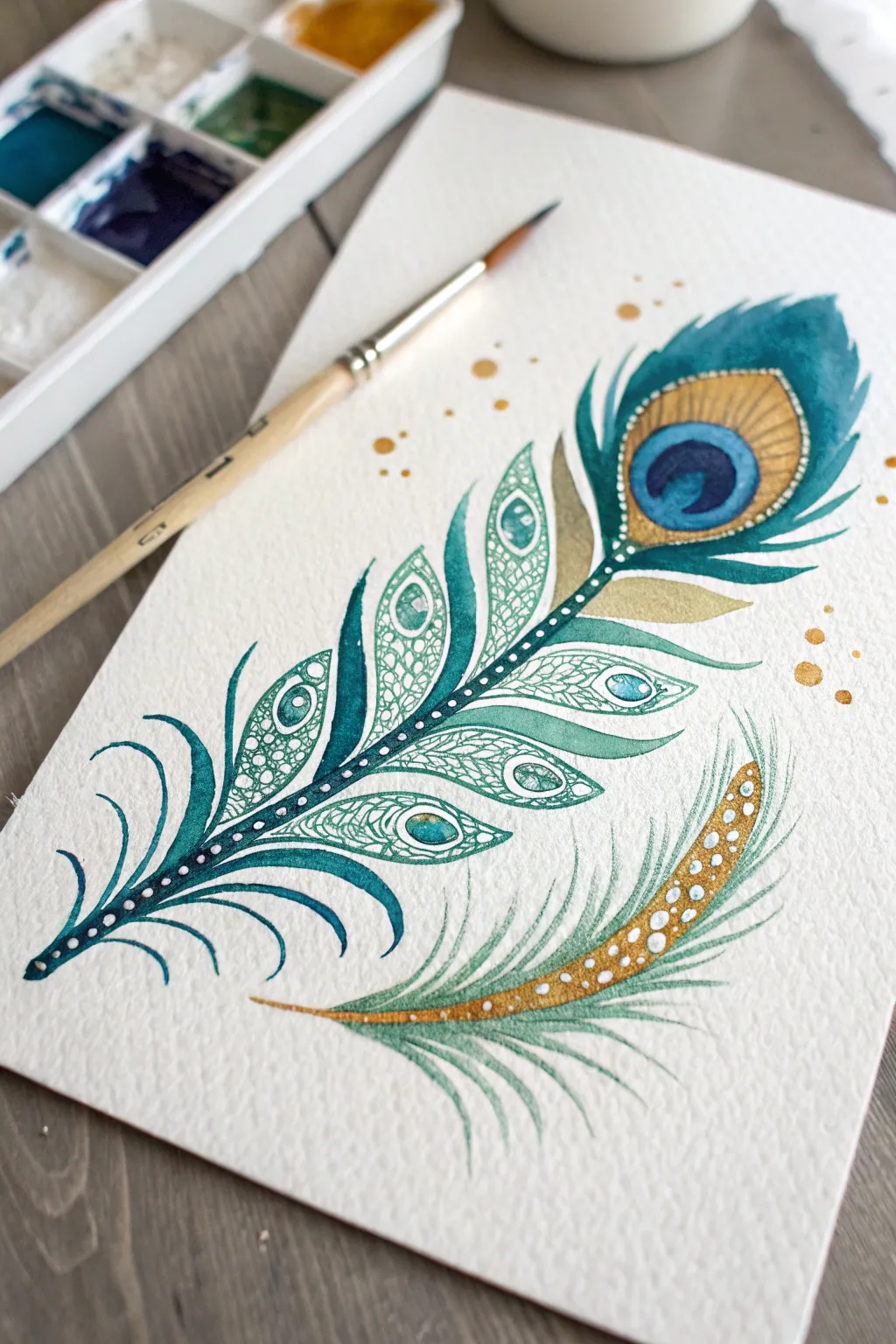 Feather pattern study with layered teardrops, dots, and rich color gradients on clean white paper