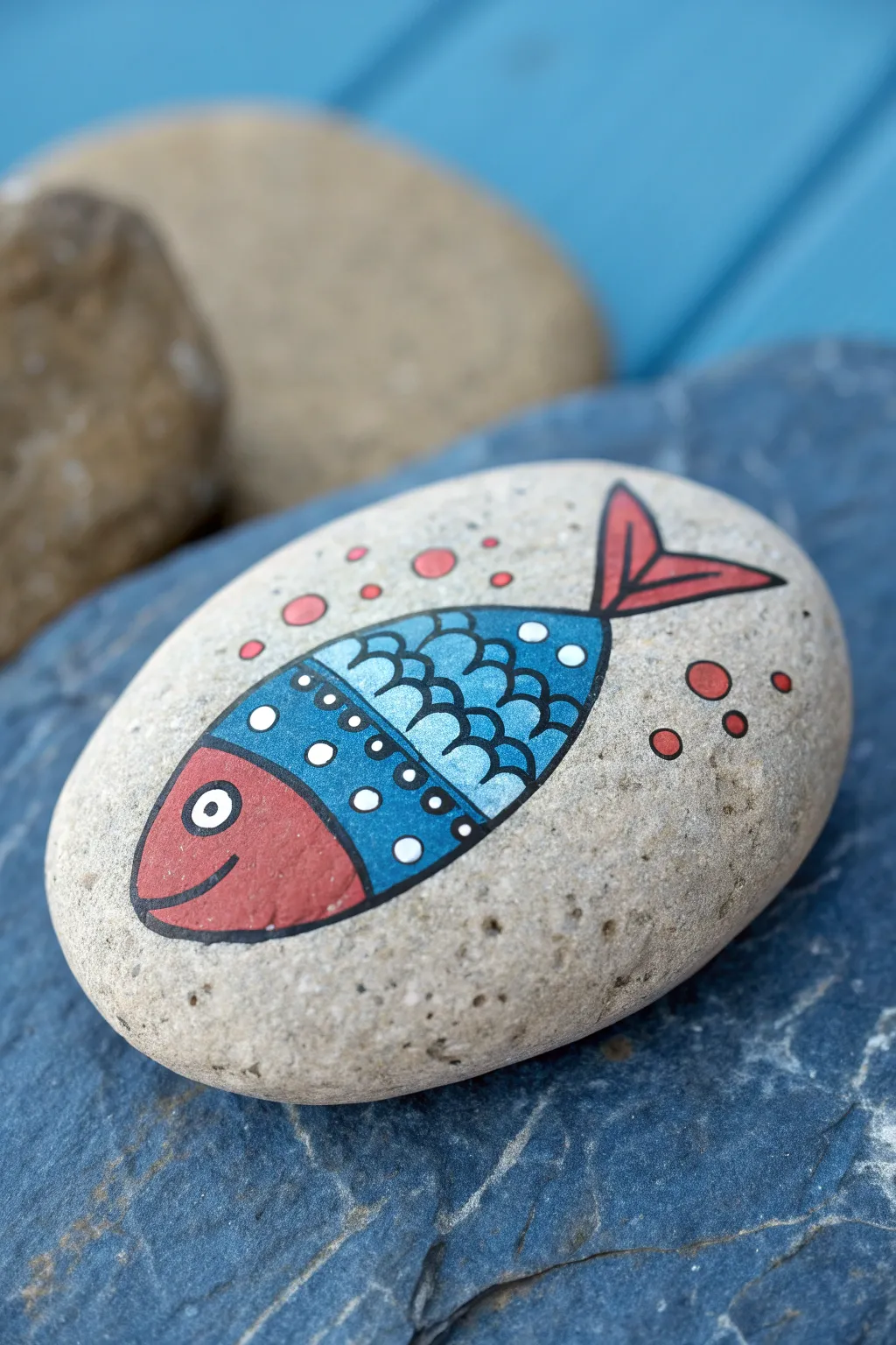 Simple fish painted rock with bubble details on ocean-blue backdrop, calm minimalist boho vibe