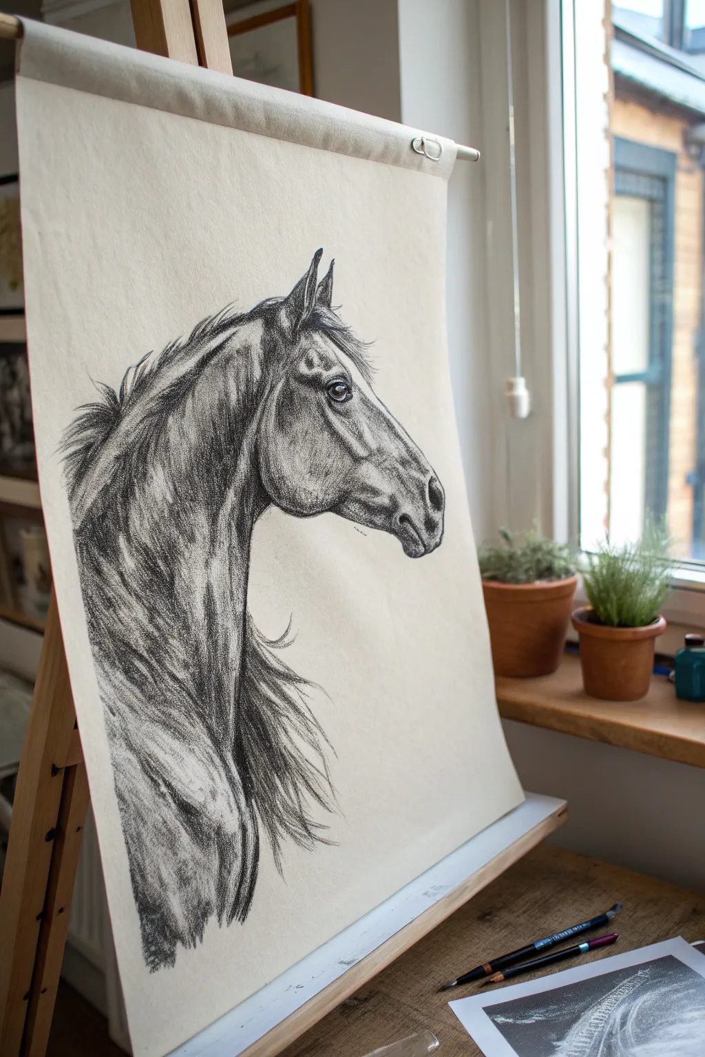 Majestic charcoal horse head with crisp white highlights, minimalist contrast and artisanal calm