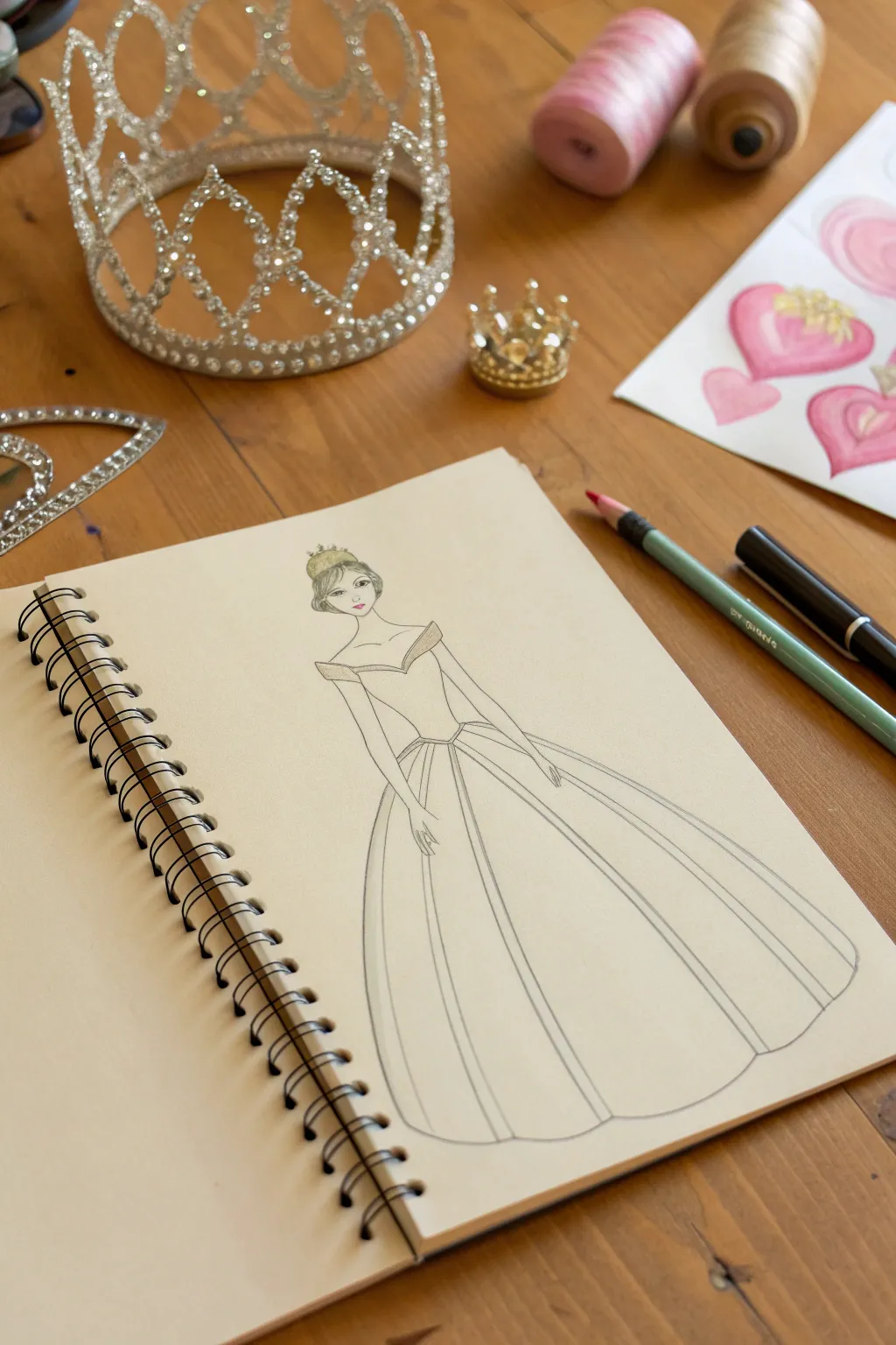 Princess gown from a placemat template, clean curves and a tiny crown for animator-friendly practice.